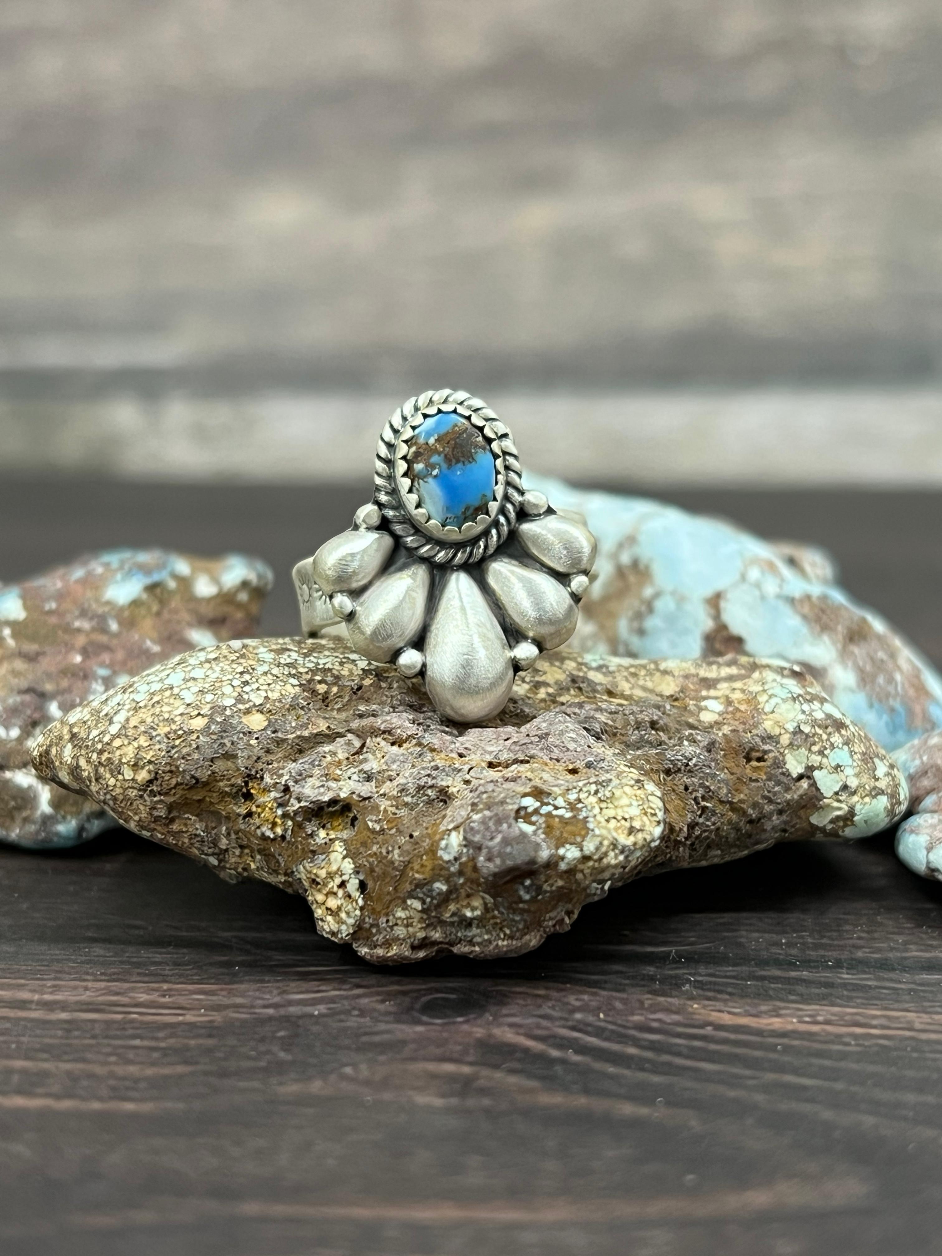 Handmade Sterling Silver with Golden Hills Turquoise Adjustable Ring With Signed Nizhoni