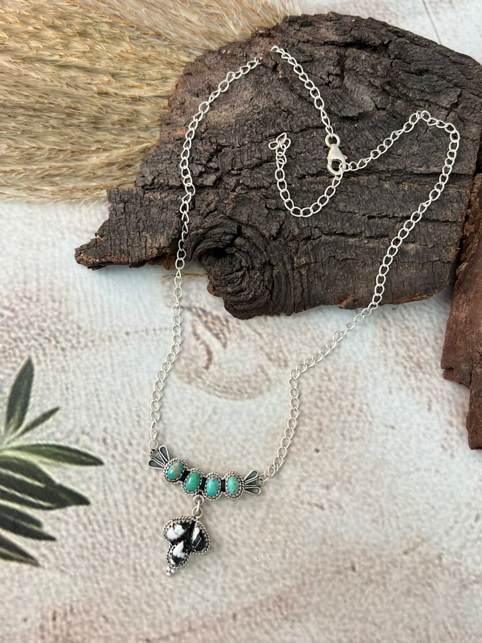 Handmade Sterling Silver White Buffalo with Kingman Turquoise Necklace Signed Nizhoni