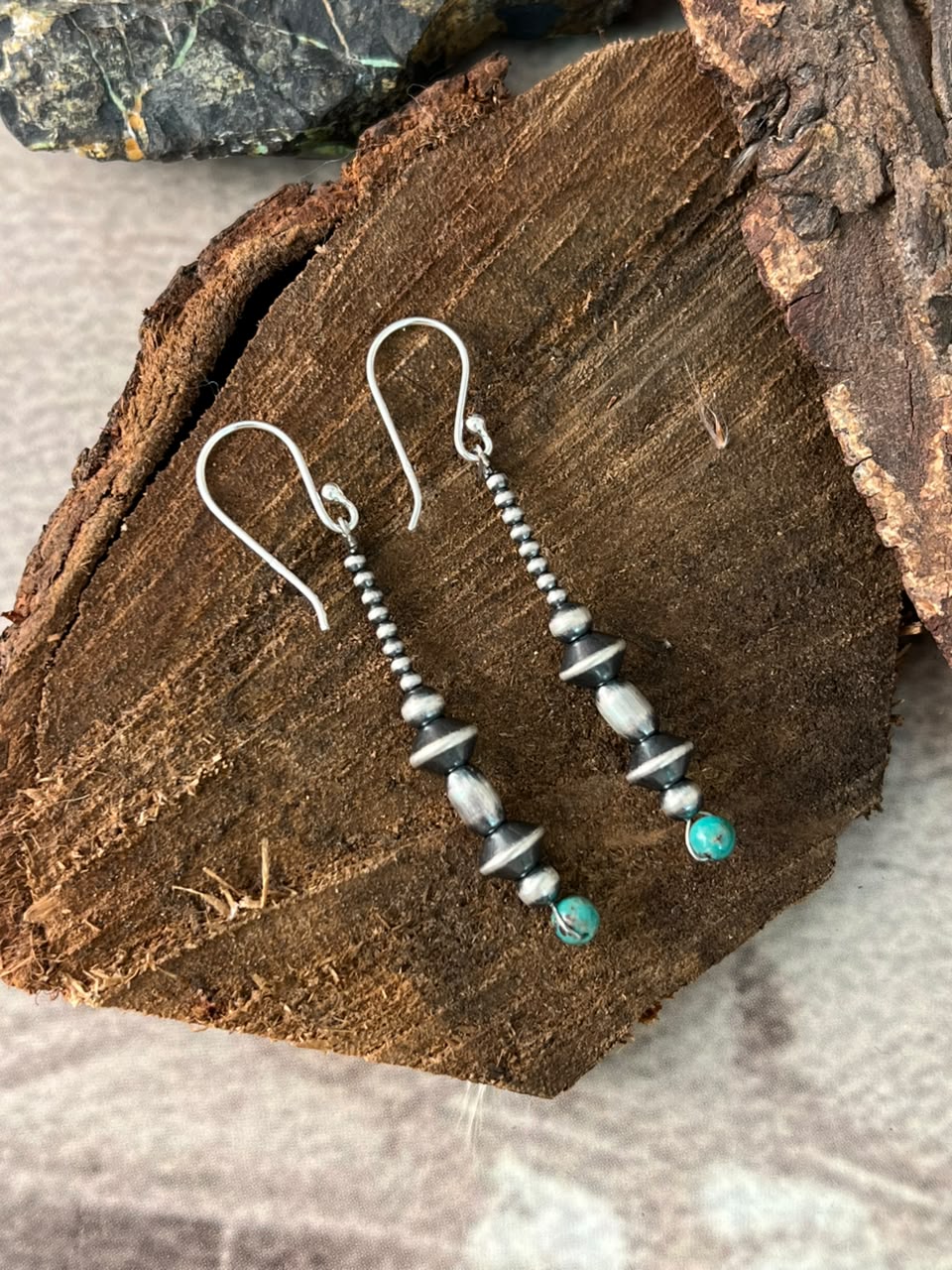 Handmade Sterling Silver Kingman Turquoise Hook Dangle Beaded Earrings