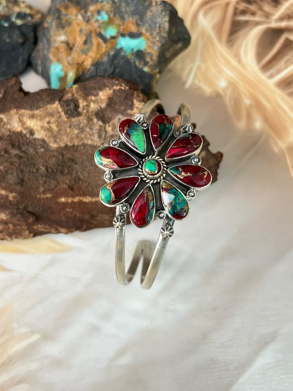 Handmade Sterling Silver Christmas Dahlia Collection: Cuff Bracelet Signed Nizhoni