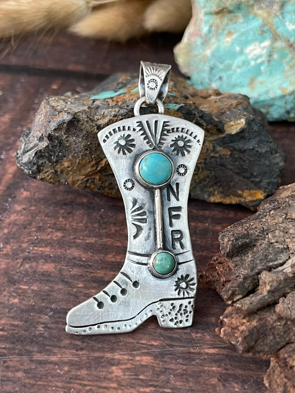 Handmade Sterling Silver Kingman Turquoise NFR Collection: Boot Pendant Signed Nizhoni