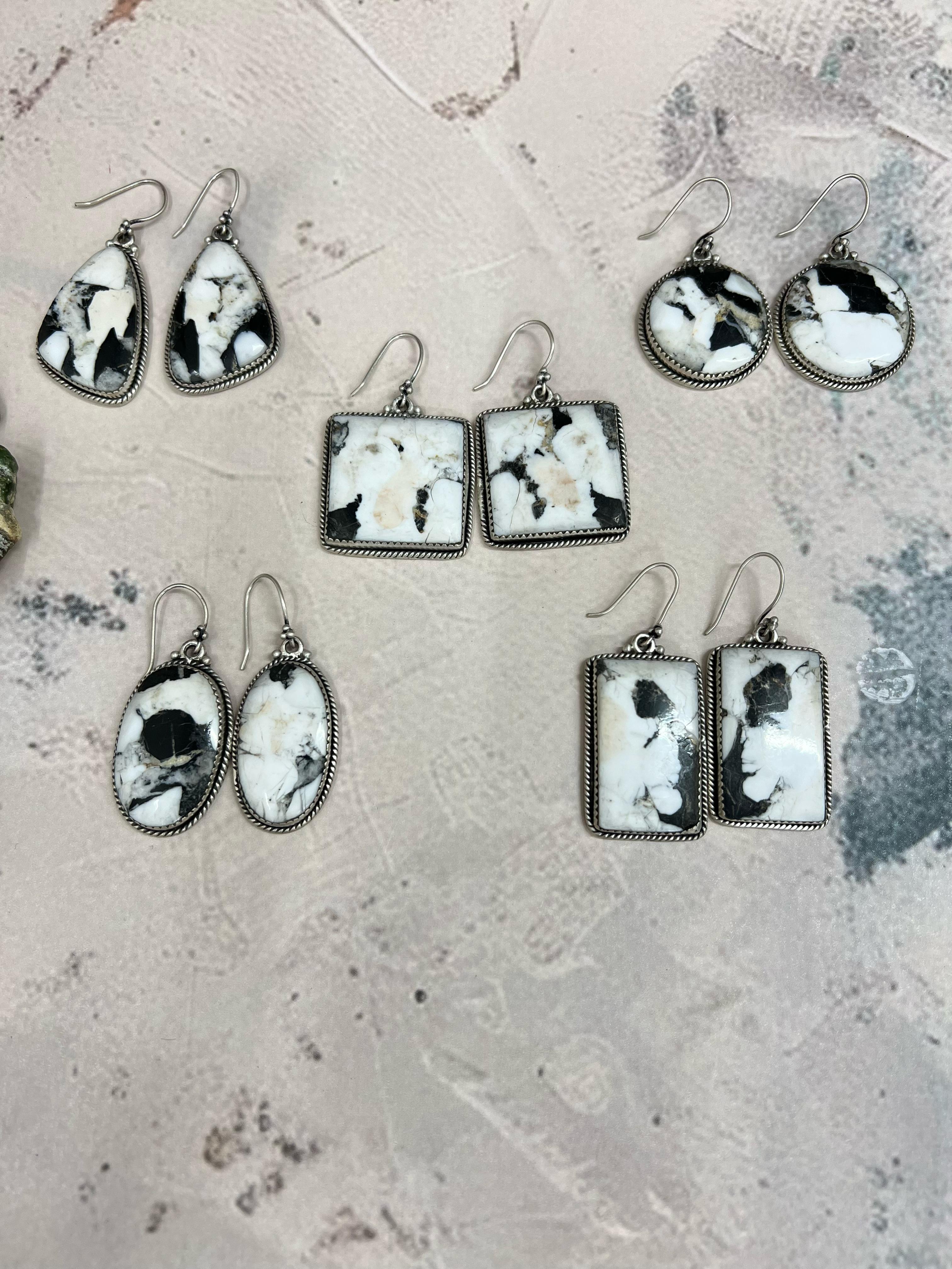 Handmade Sterling Silver White Buffalo Turquoise Hook Earrings with Signed Nizhoni