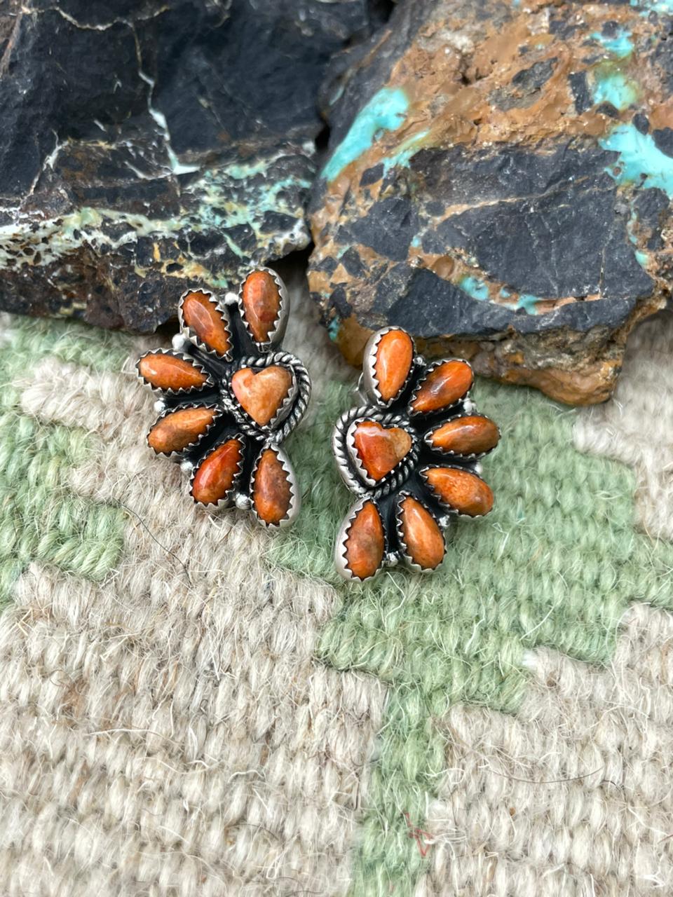 Handmade Sterling Silver Orange Mohave Post Studs Earrings "Signed Nizhoni"