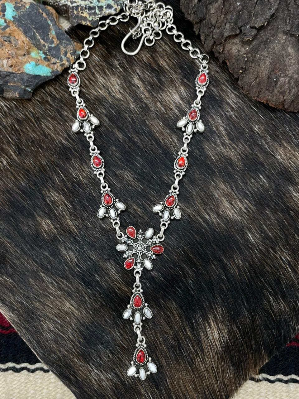 Handmade Sterling Silver White Buffalo with Red Opal Lariat Necklace "Signed Nizhoni"