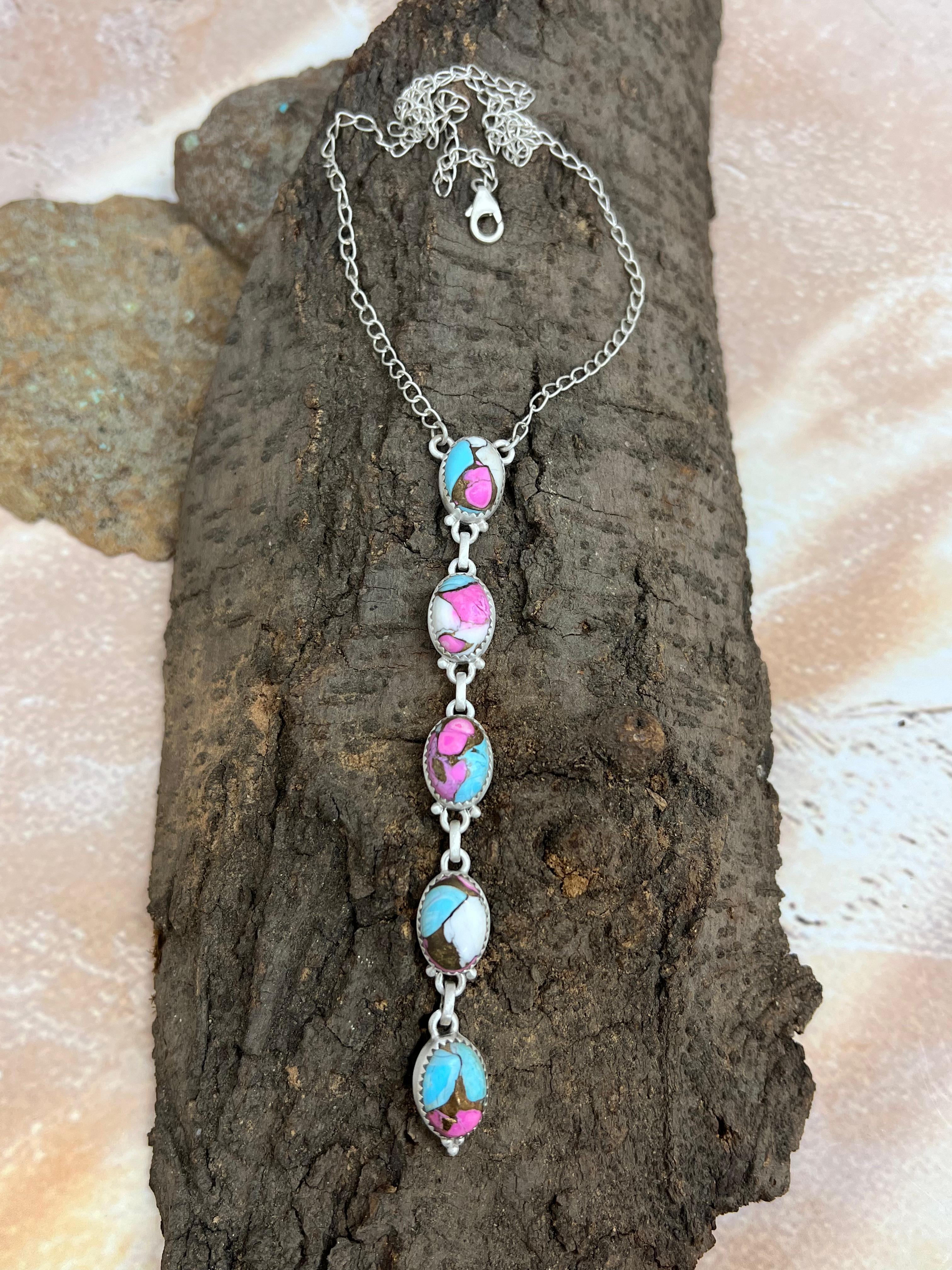 Handmade Sterling Silver Cotton Candy Turquoise Necklace with Signed Nizhoni