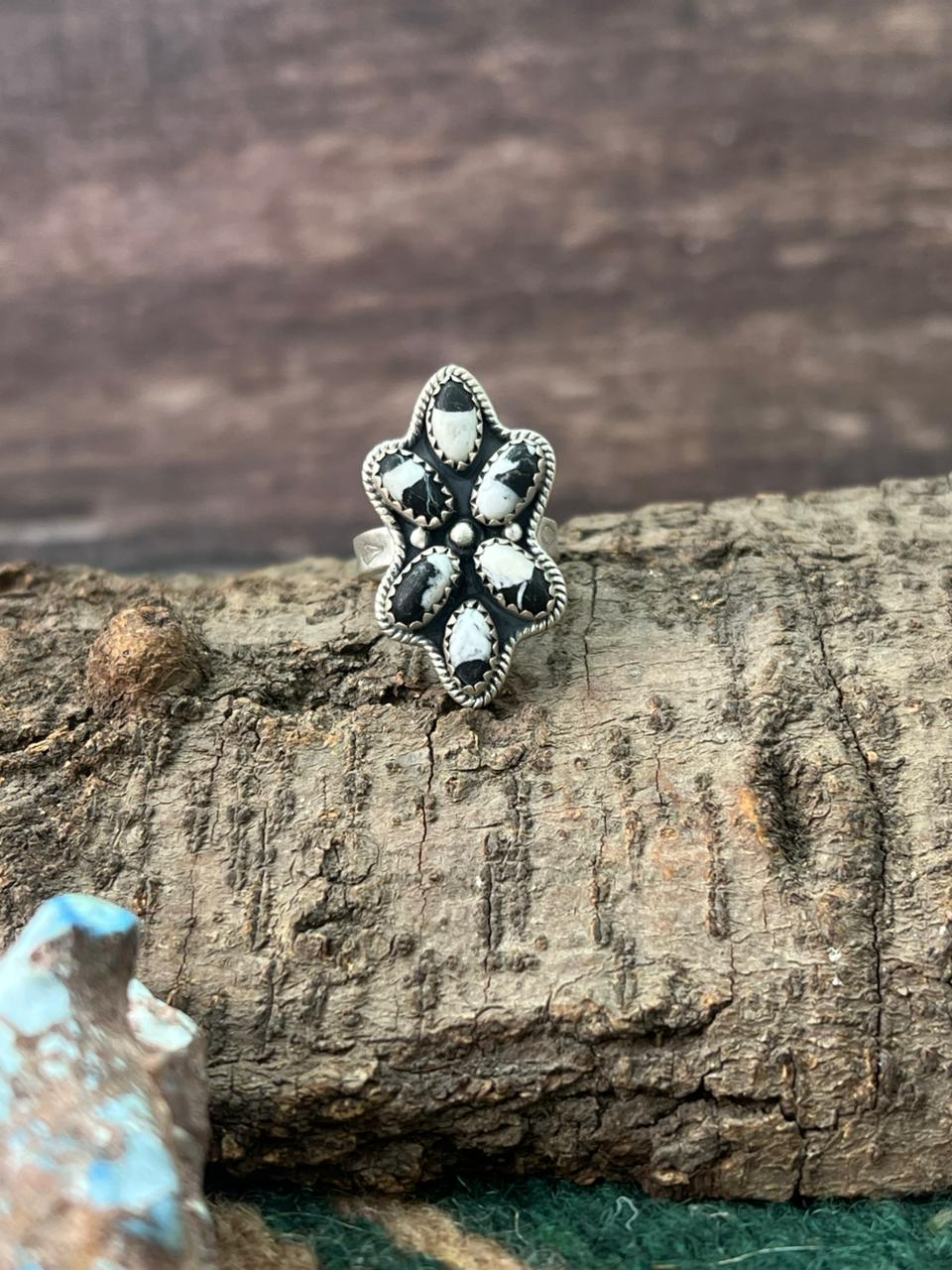 Handmade Sterling Silver White Buffalo Adjustable Ring "Signed Nizhoni"