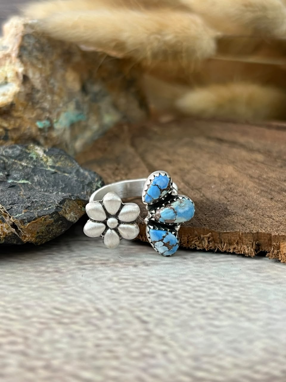 Handmade Sterling Silver Golden Hills Turquoise Adjustable Ring Signed Nizhoni