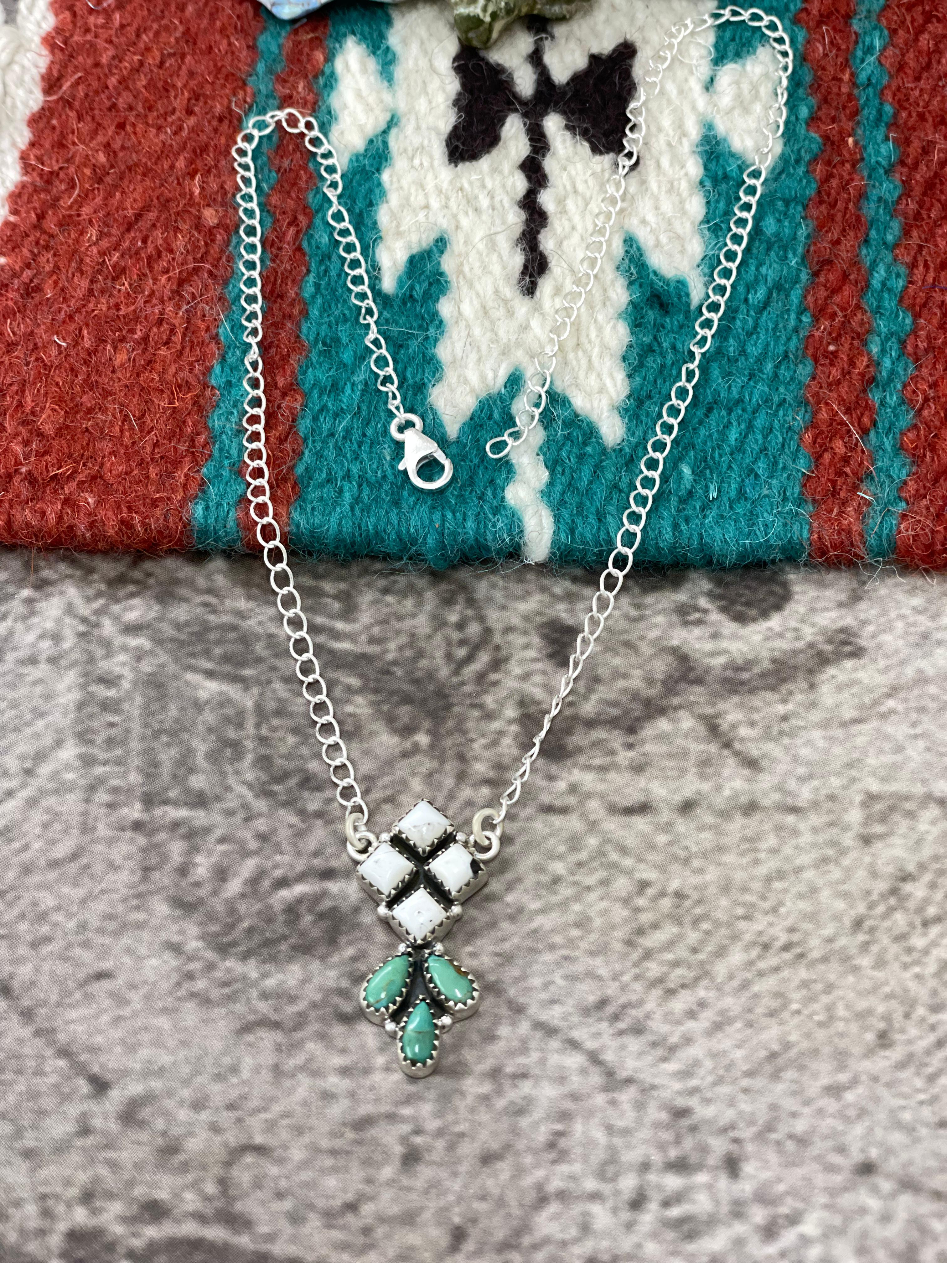 Handmade Sterling Silver Kingman Turquoise with White Buffalo Necklace Signed Nizhoni