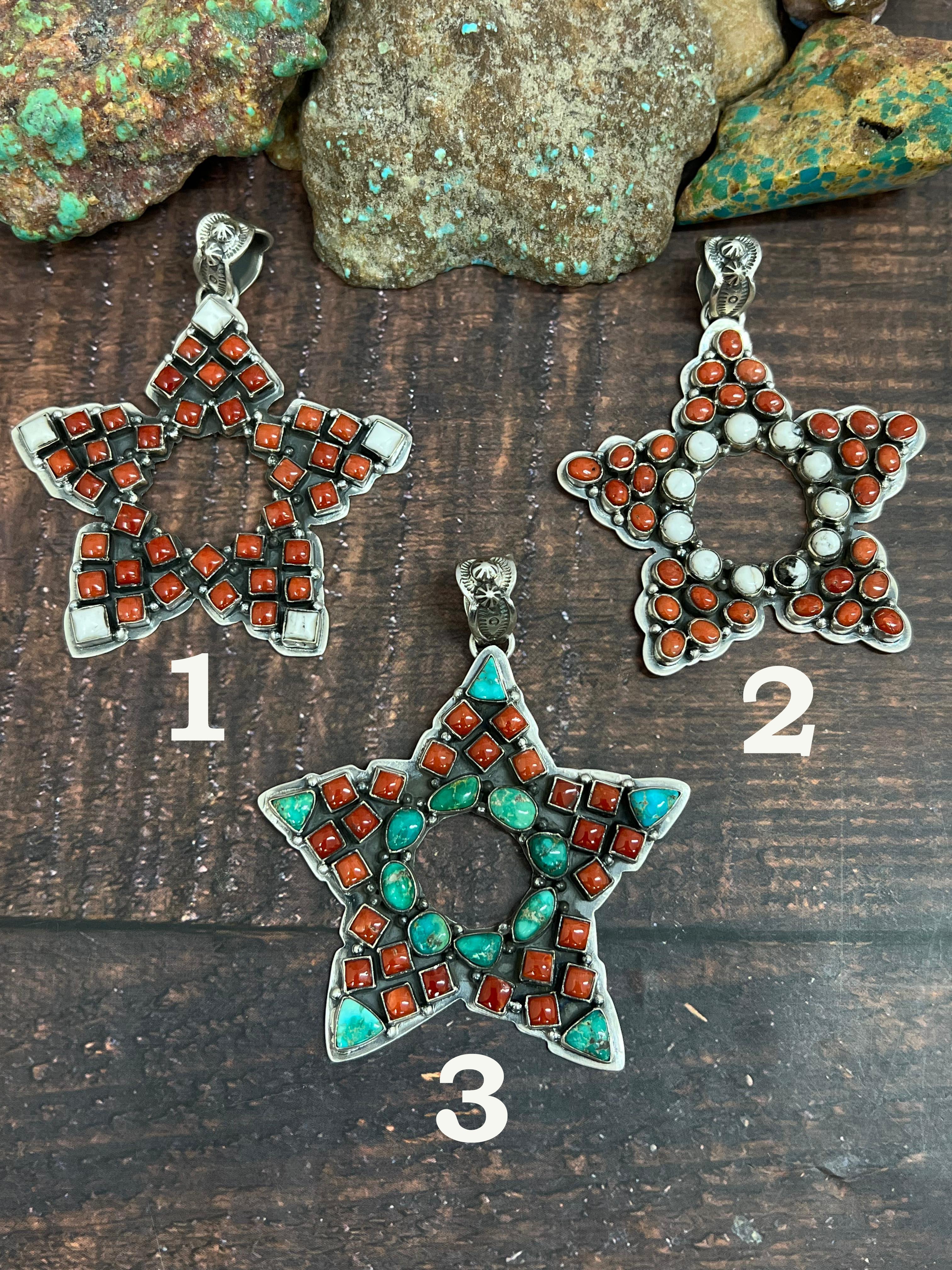 Handmade Sterling Silver Coral with White Buffalo and Emerald Valley Star Pendant, Signed Nizhoni