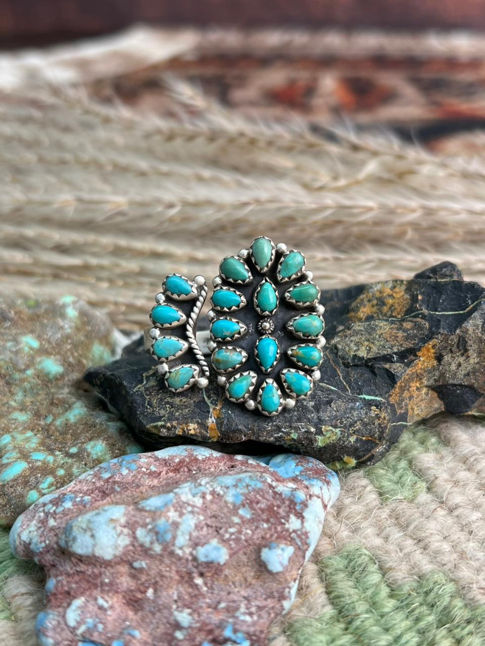 Handmade Sterling Silver Kingman Turquoise Adjustable Ring "Signed Nizhoni"