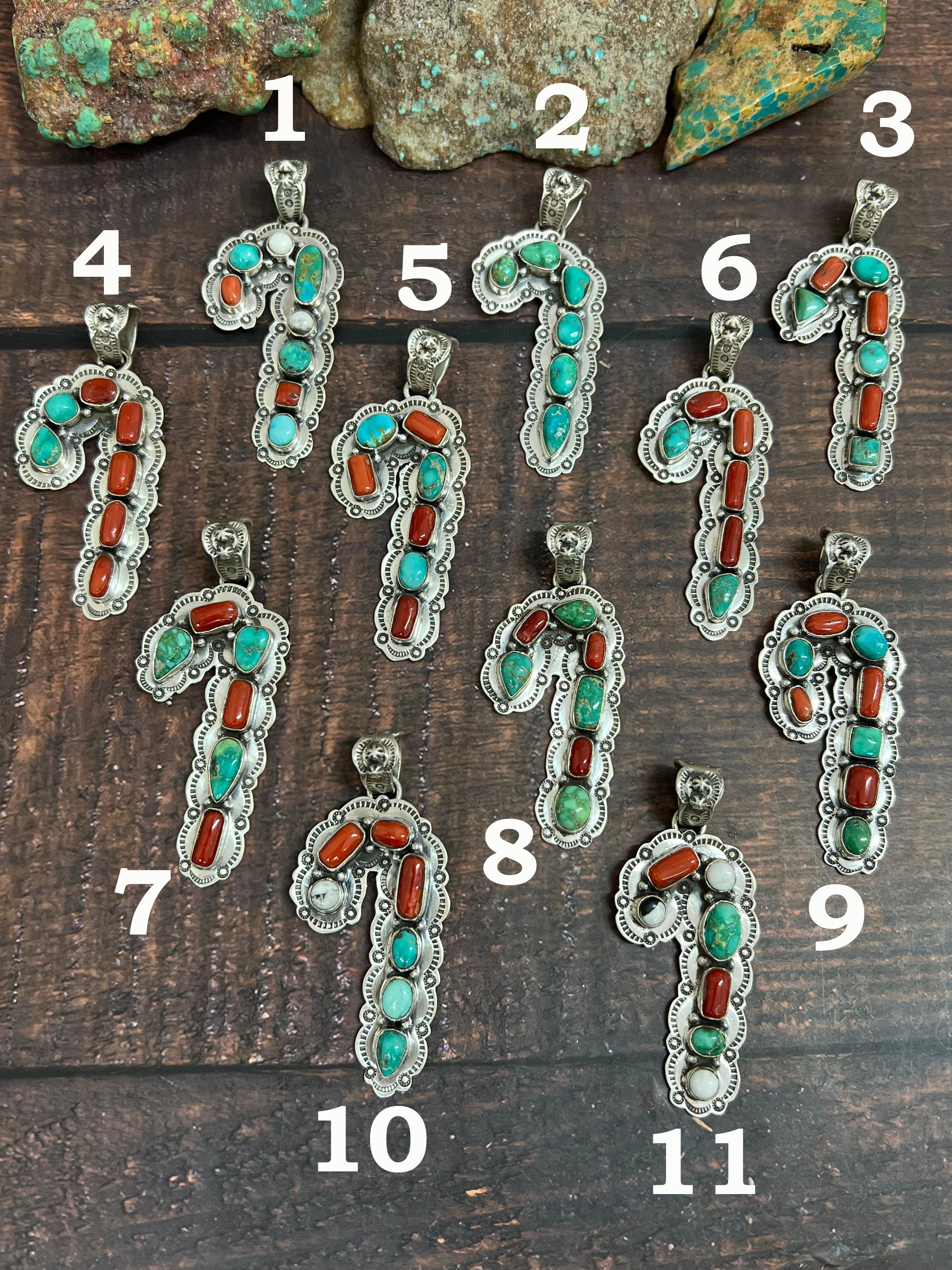 Handmade Sterling Silver Multi Stones Candy Cane Pendant, Signed Nizhoni