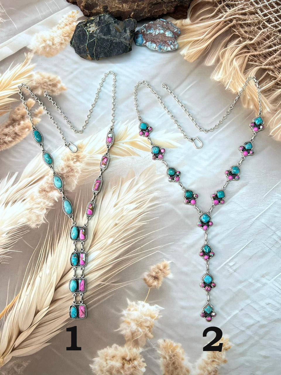 Handmade Sterling Silver White Water Turquoise with Cotton Candy Necklace "Signed Nizhoni"
