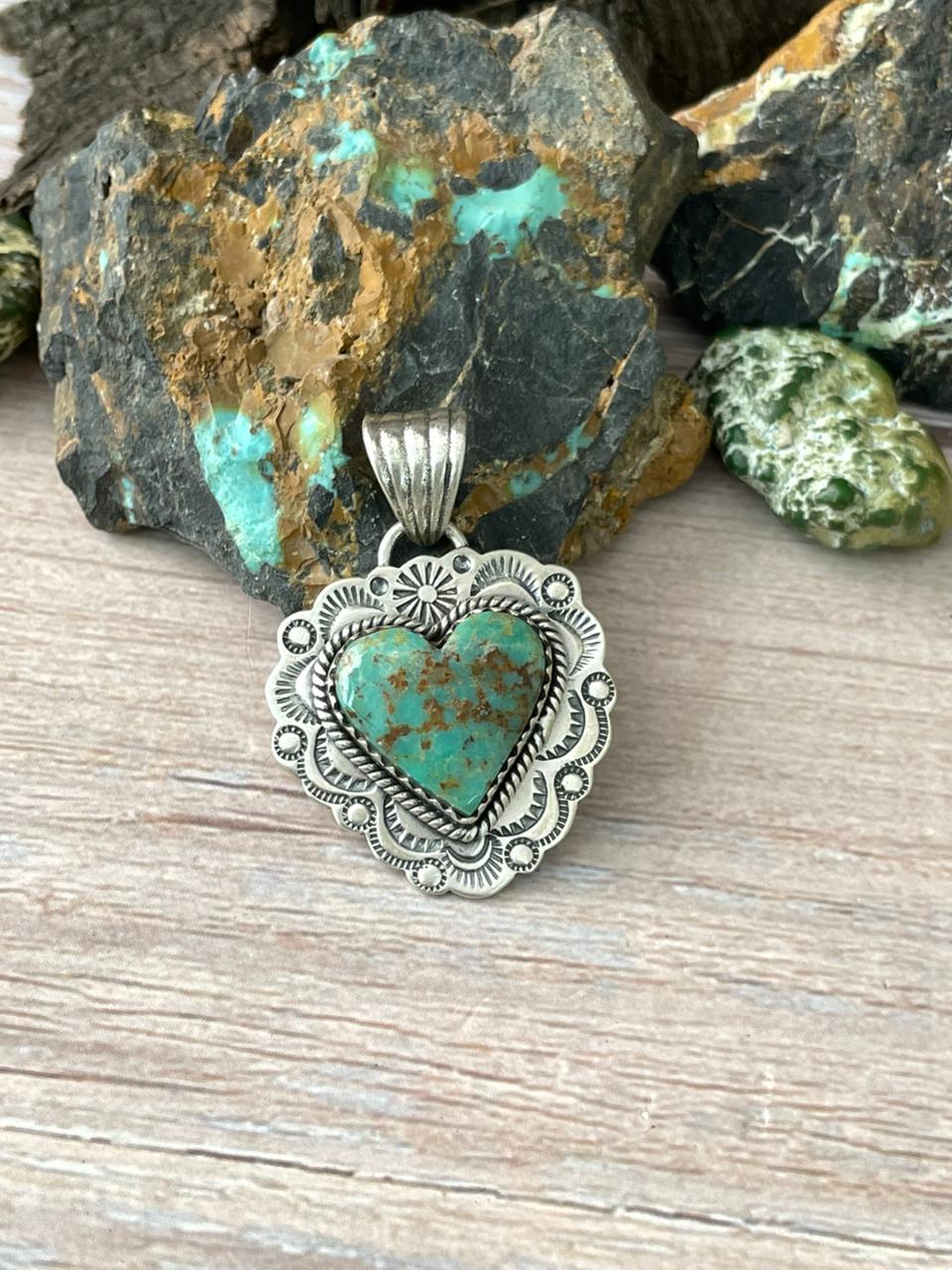 Handmade Sterling Silver Mantis Turquoise Heart Pendant " Signed Nizhoni"