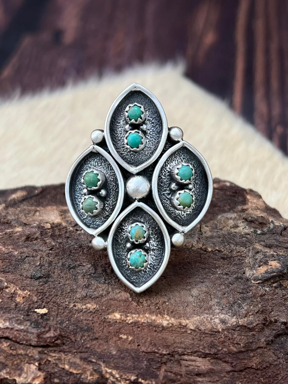 Handmade Sterling Silver Kingman Turquoise Adjustable Ring "Signed Niz