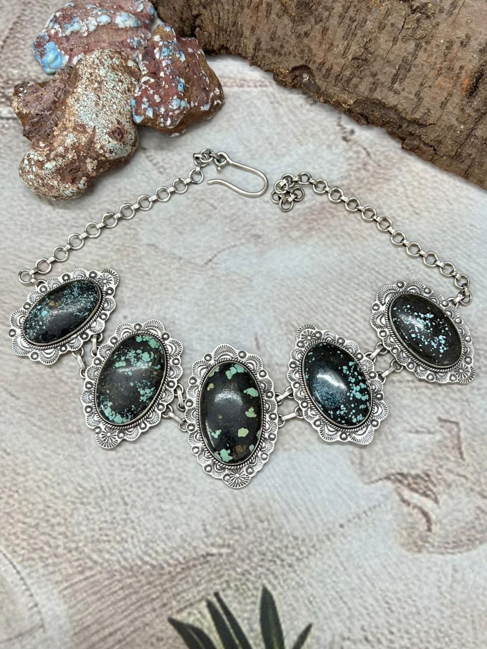 Handmade Sterling Silver Lander Turquoise Choker Necklace with Signed Nizhoni