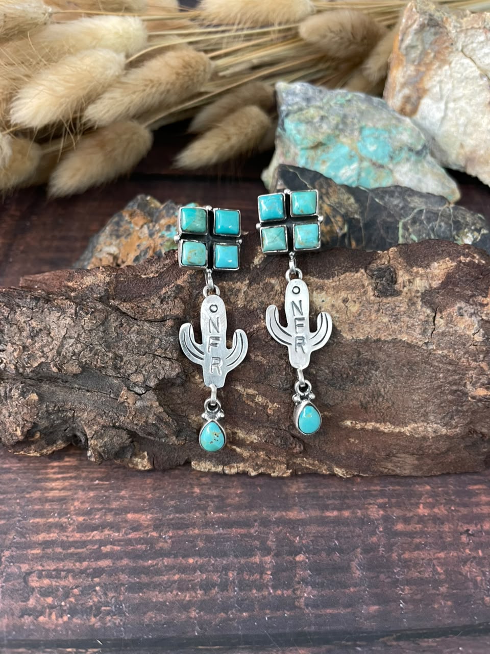 Handmade Sterling Silver Kingman Turquoise NFR Collection: Cactus Post Dangle Earrings Signed Nizhoni