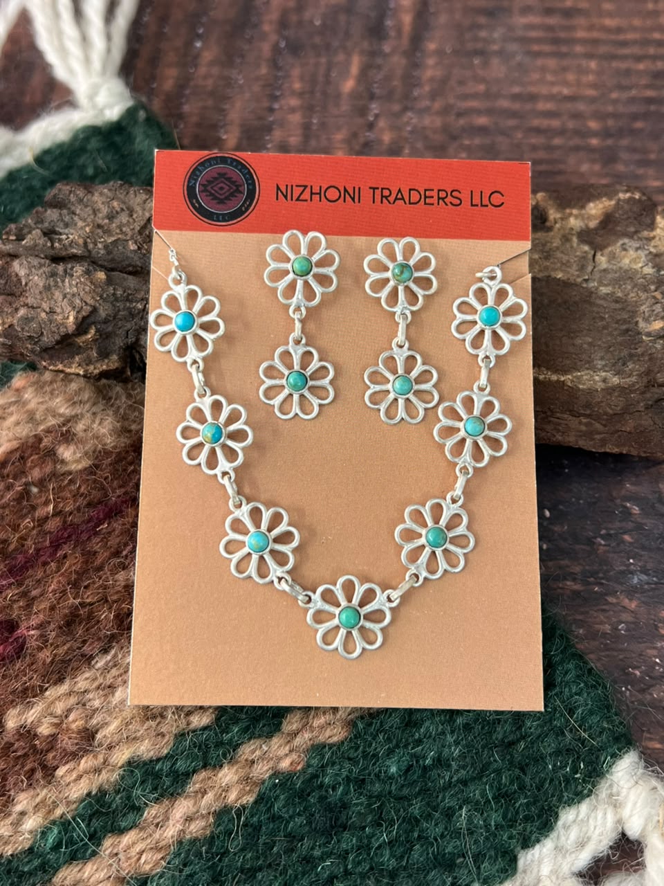 Handmade Sterling Silver Kingman Turquoise Necklace and Earrings Set Card