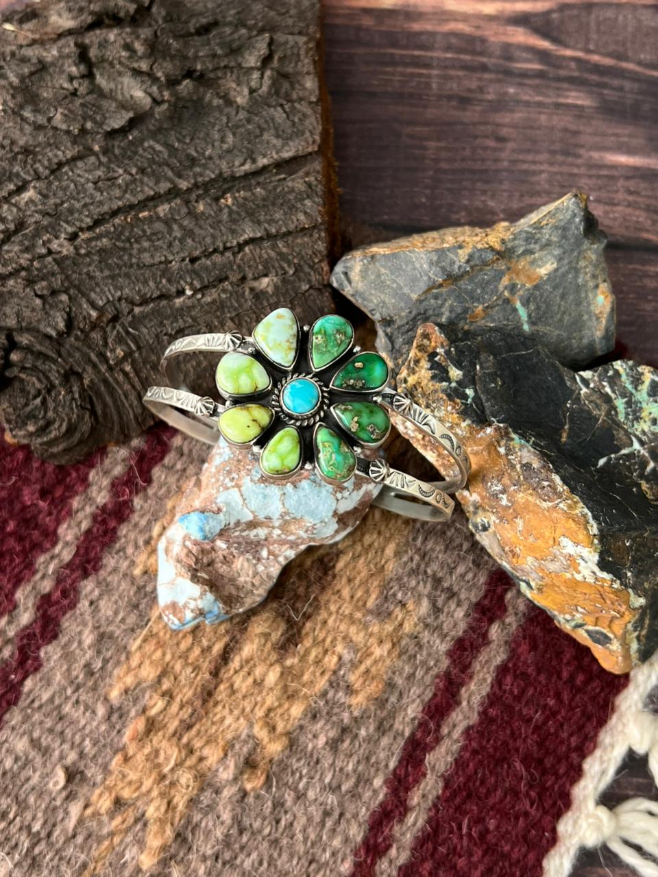 Handmade Sterling Silver Palomino with Sonoran and White Water Turquoise Cuff Bracelet "Signed Nizhoni"