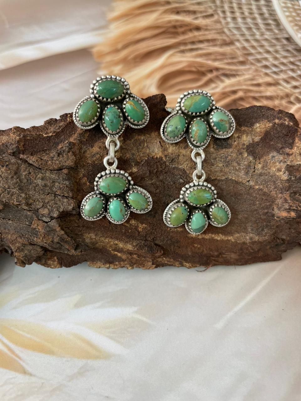 Handmade Sterling Silver Kingman Turquoise Post Dangle Earrings "Signed Nizhoni"