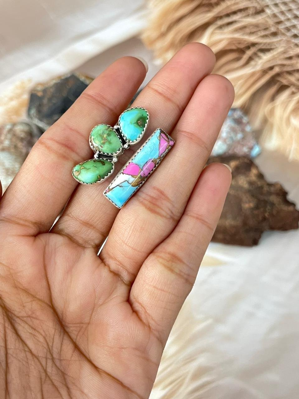 Handmade Sterling Silver Spring Collection: Cotton Candy with Sonoran Mountain Turquoise Adjustable Ring "Signed Nizhoni"