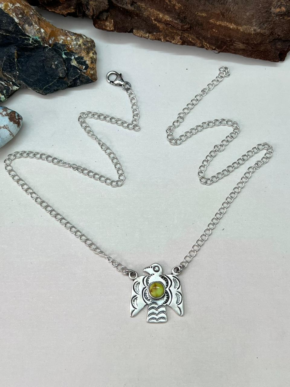 Handmade Sterling Silver Palomino Turquoise Thunder Bird Necklace "Signed Nizhoni"