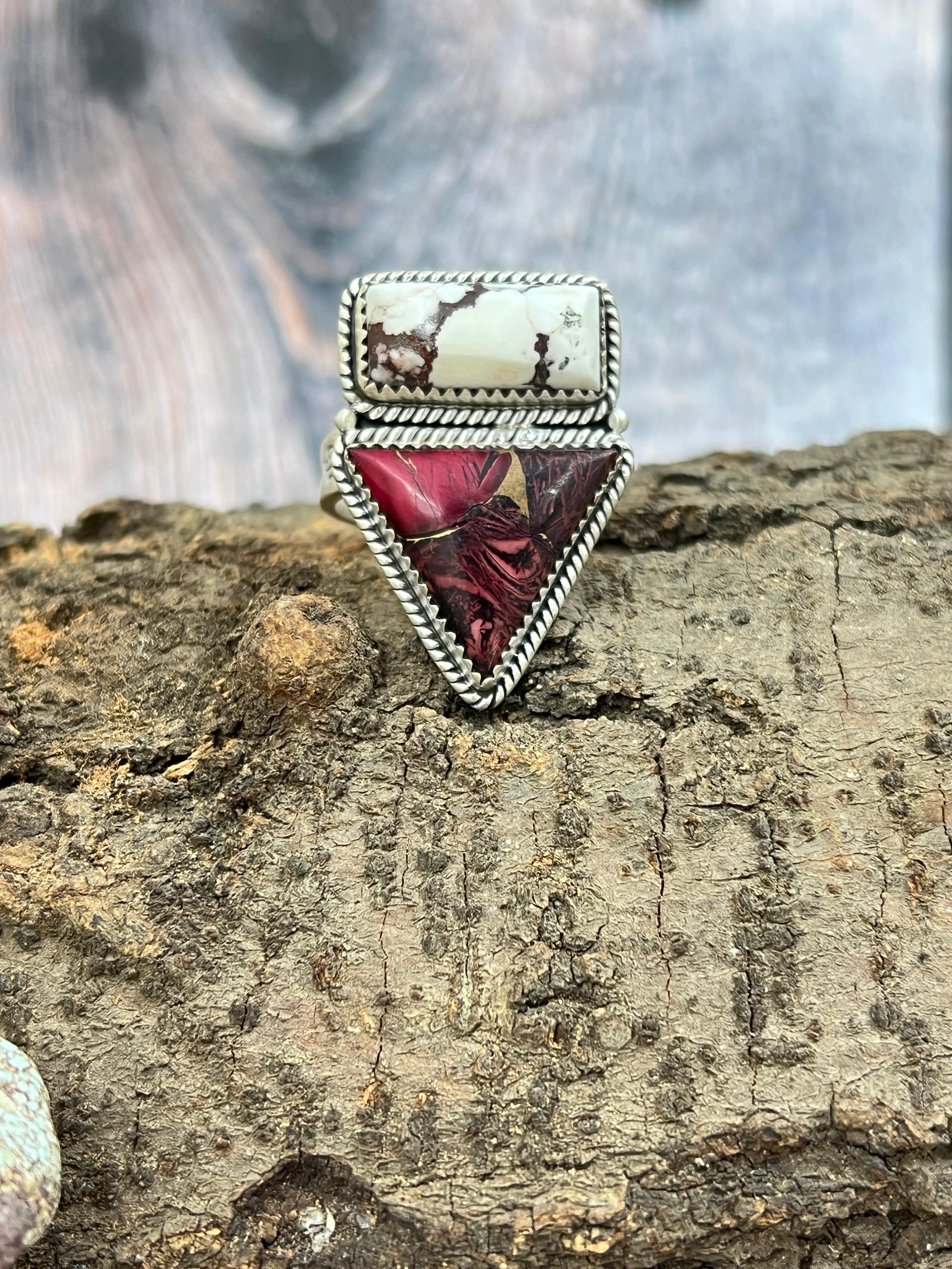 Handmade Sterling Silver Wild Horse with Dahlia Rose Adjustable Ring with Signed Nizhoni