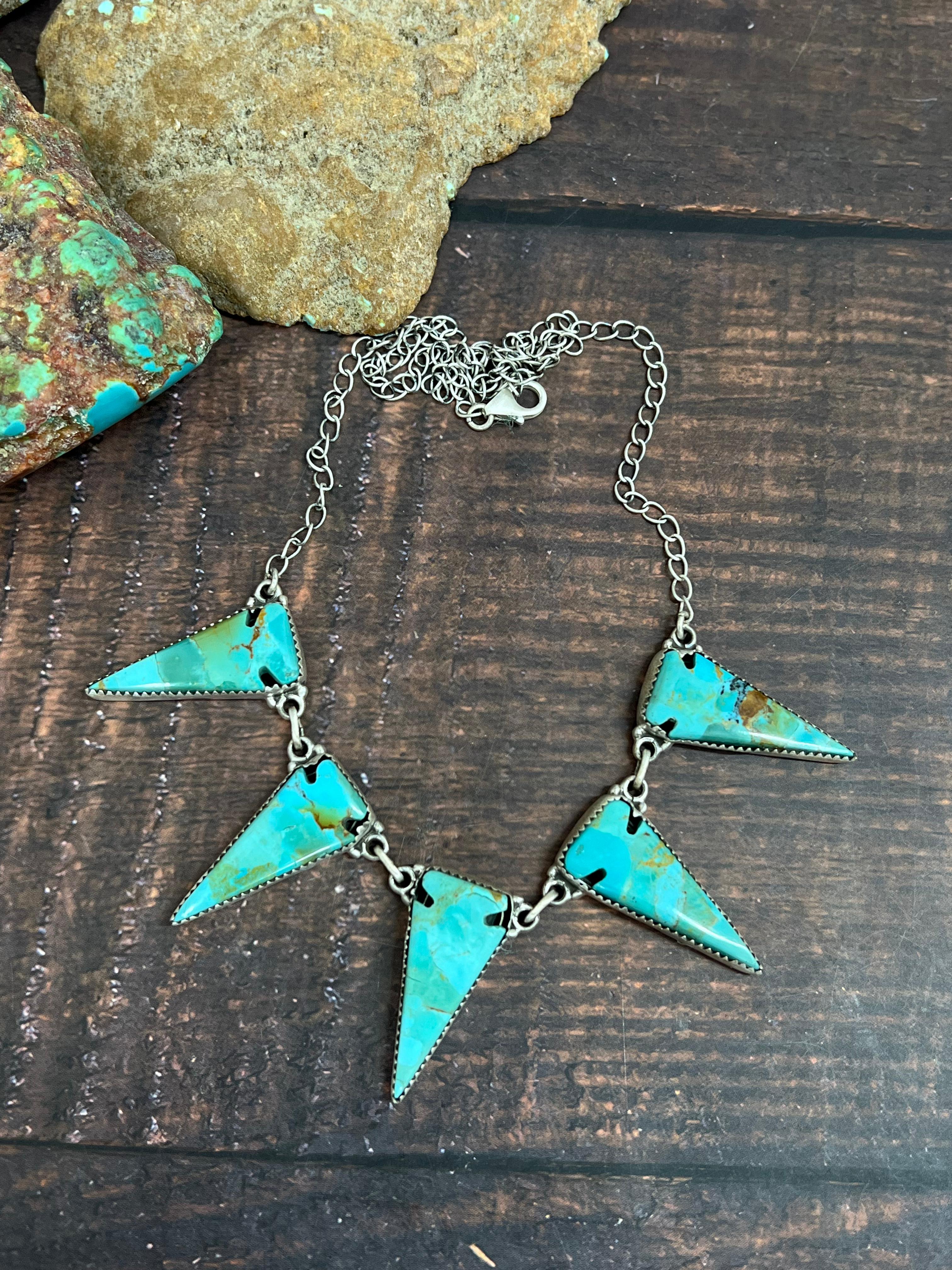 Handmade Sterling Silver Kingman Turquoise Arrow Necklace with Signed Nizhoni
