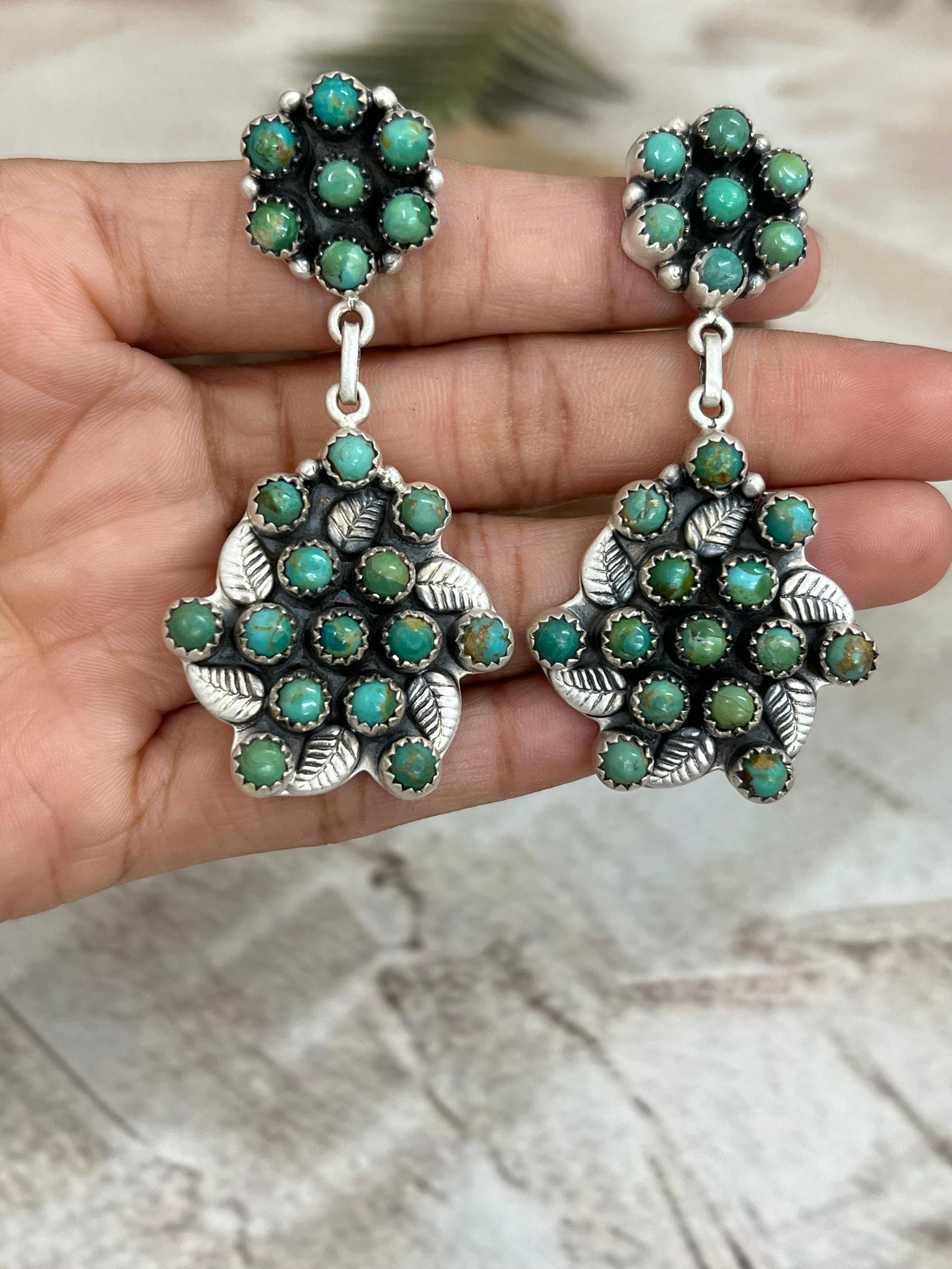 Handmade Sterling Silver Kingman Turquoise Post Dangle Earrings with Signed Nizhoni
