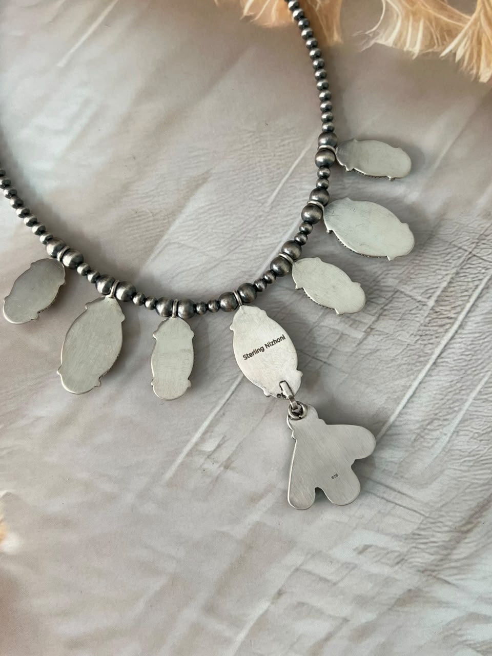 Handmade Sterling Silver Blackjack Turquoise Collection: Beaded Necklace Signed Nizhoni