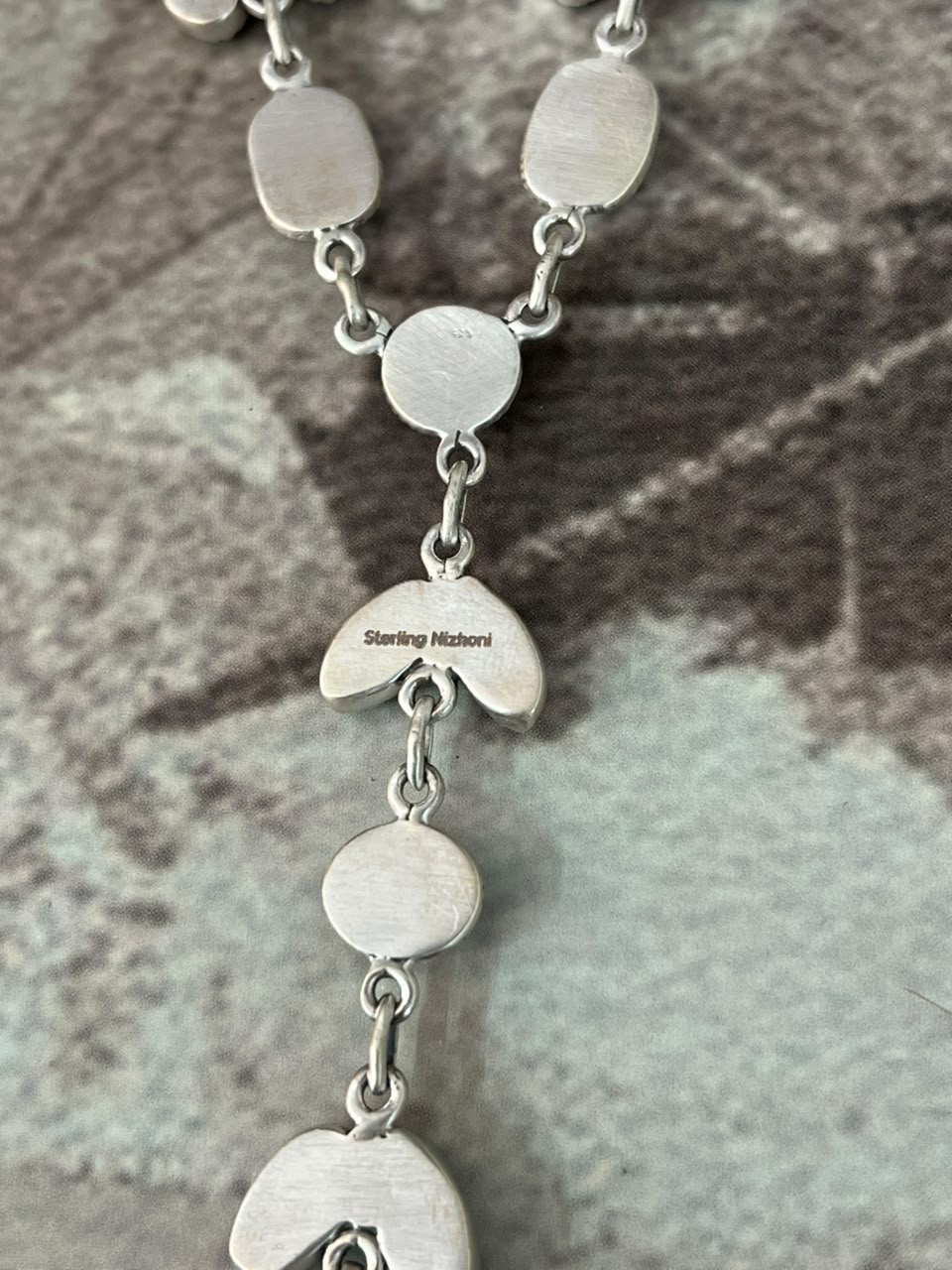 Handmade Sterling Silver White Water, Royston, Golden Hills and Palomino Turquoise Drop Necklace Signed Nizhoni