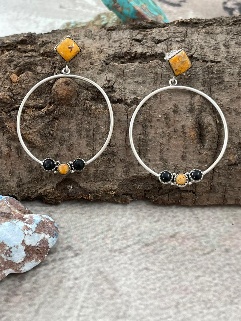 Handmade Sterling Silver Bumblebee with Black Onyx Post Hoop Earrings with Signed Nizhoni