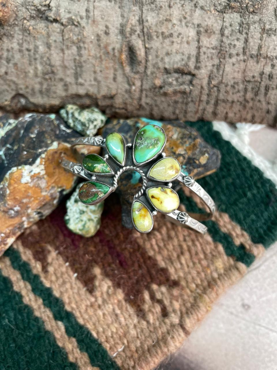 Handmade Sterling Silver Sonoran Mountain Turquoise with Palomino Turquoise Naja Cuff Bracelet "Signed Nizhoni"