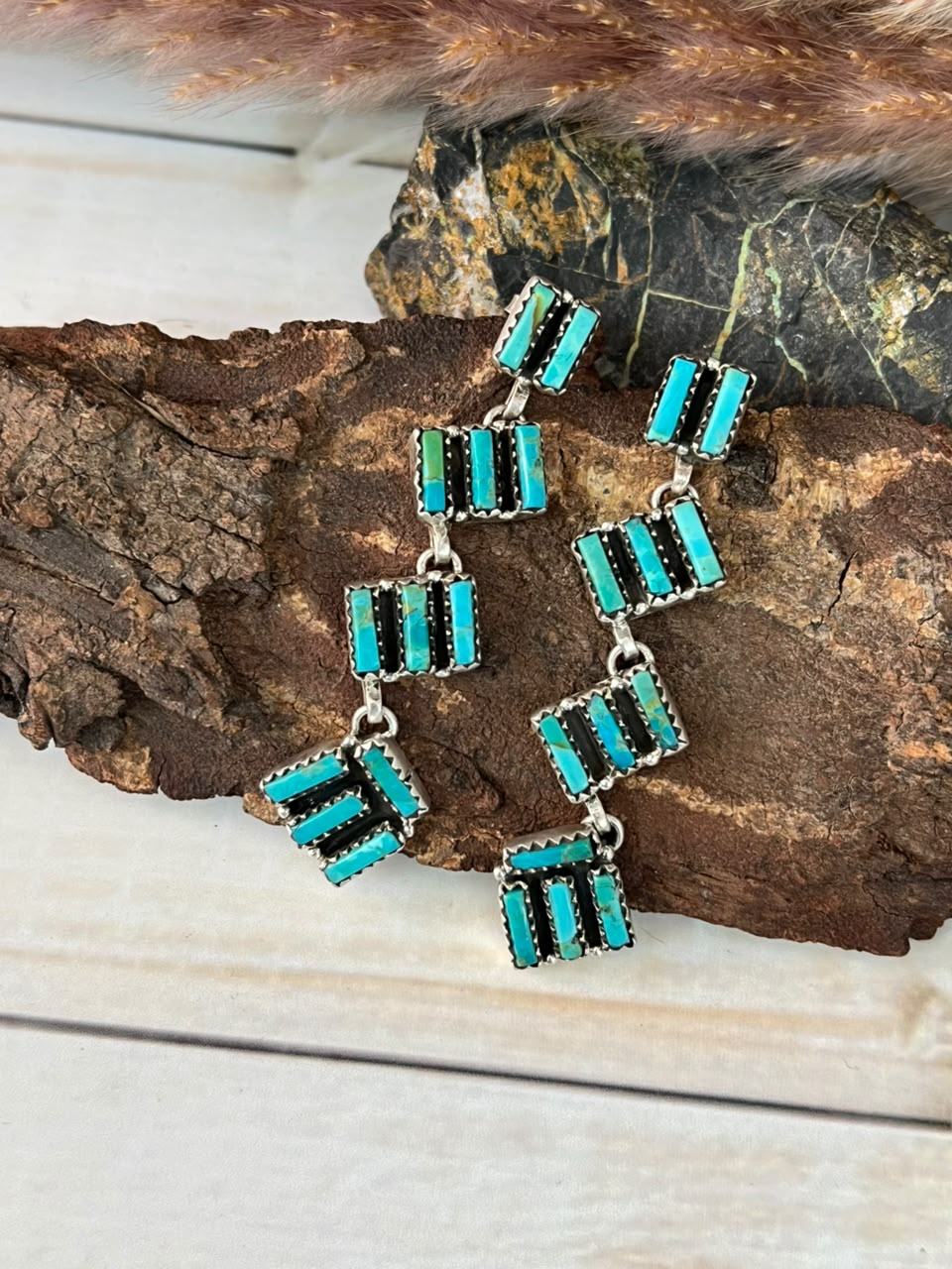 Handmade Sterling Silver Kingman Turquoise Post Dangle Earrings Signed Nizhoni