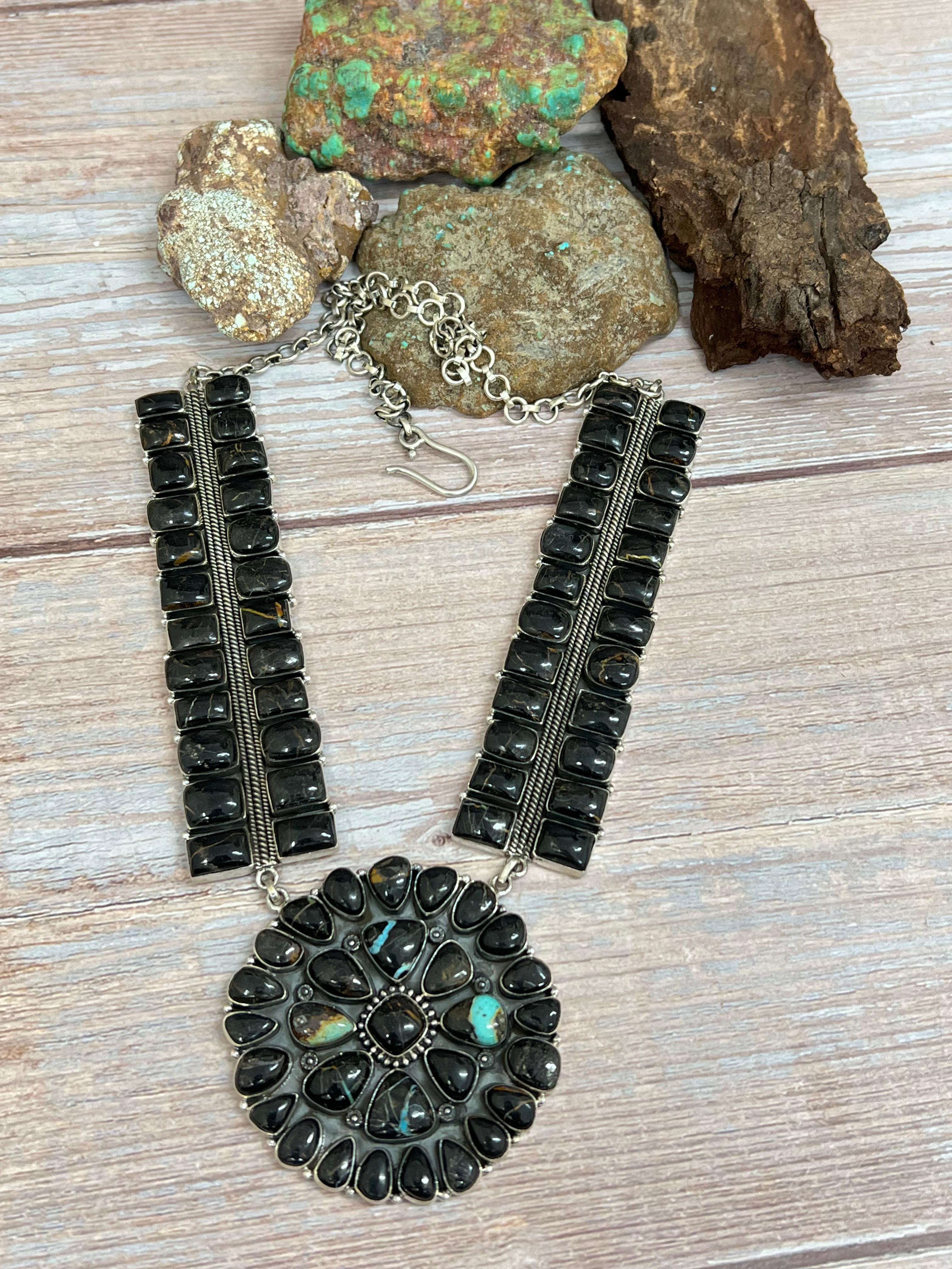 Handmade Sterling Silver Blackjack Turquoise Necklace with Signed Nizhoni