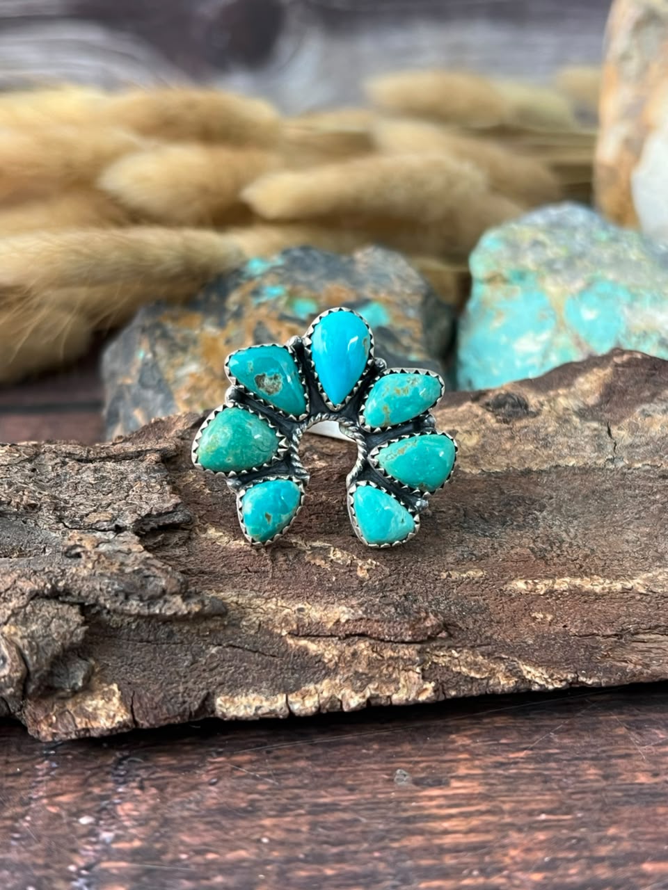 Handmade Sterling Silver Hachita Turquoise Naja Adjustable Ring Signed Nizhoni
