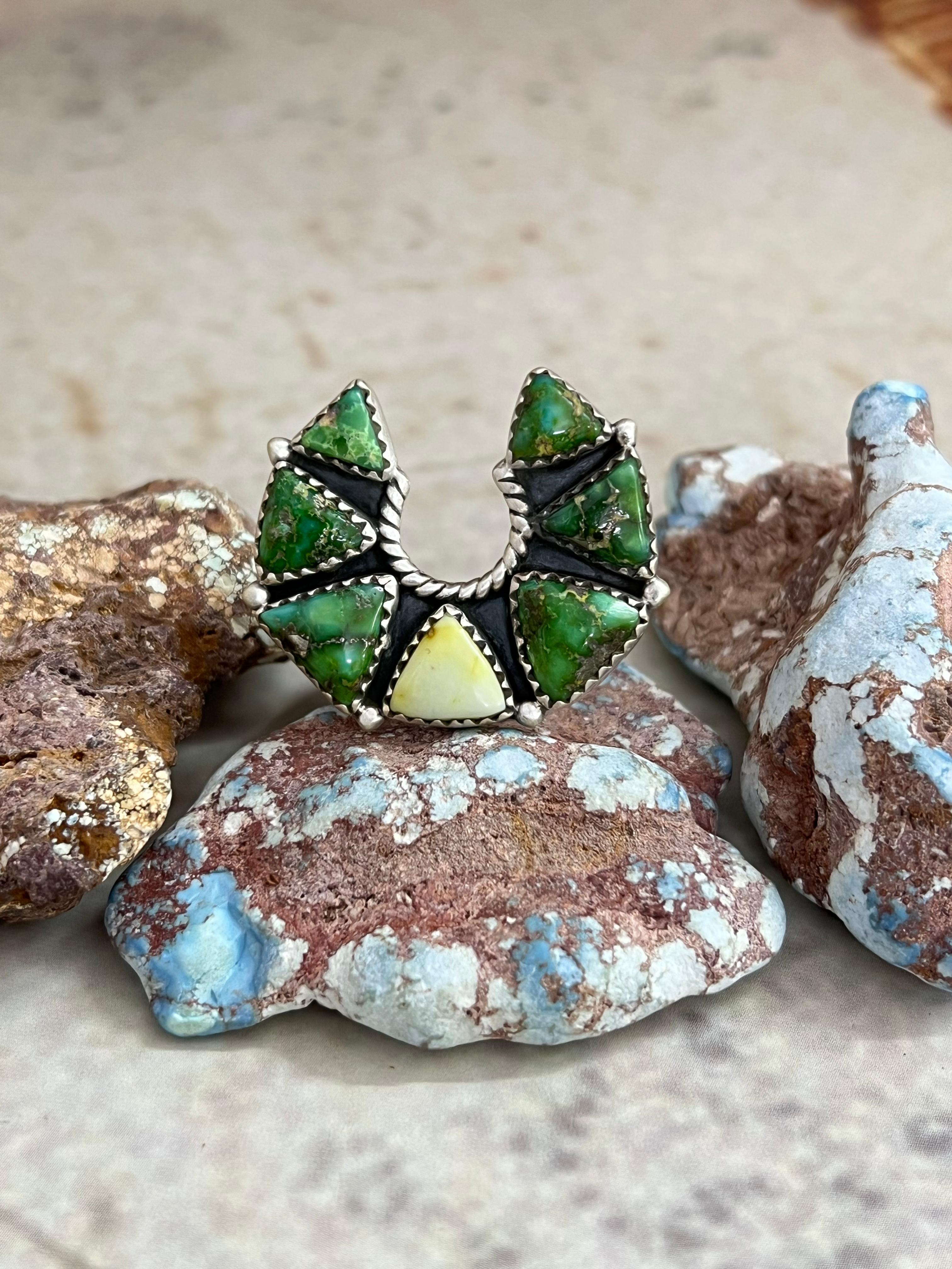 Handmade Sterling Silver Sonoran Mountain Turquoise, Palomino Turquoise Naja Adjustable Ring, Signed Nizhoni (6)