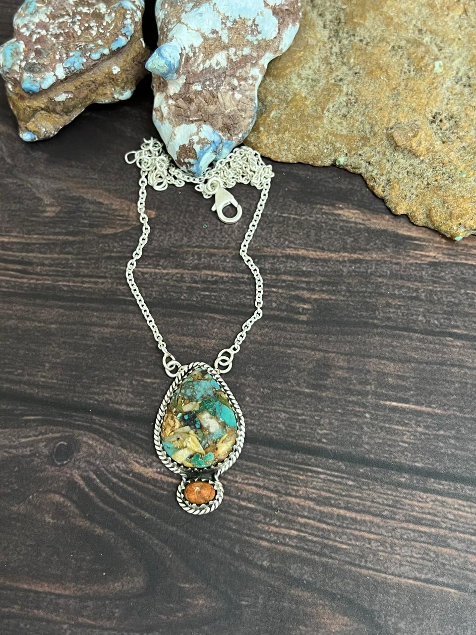 Handmade Sterling Silver Royston Turquoise with Orange Mojave Necklace, Signed Nizhoni