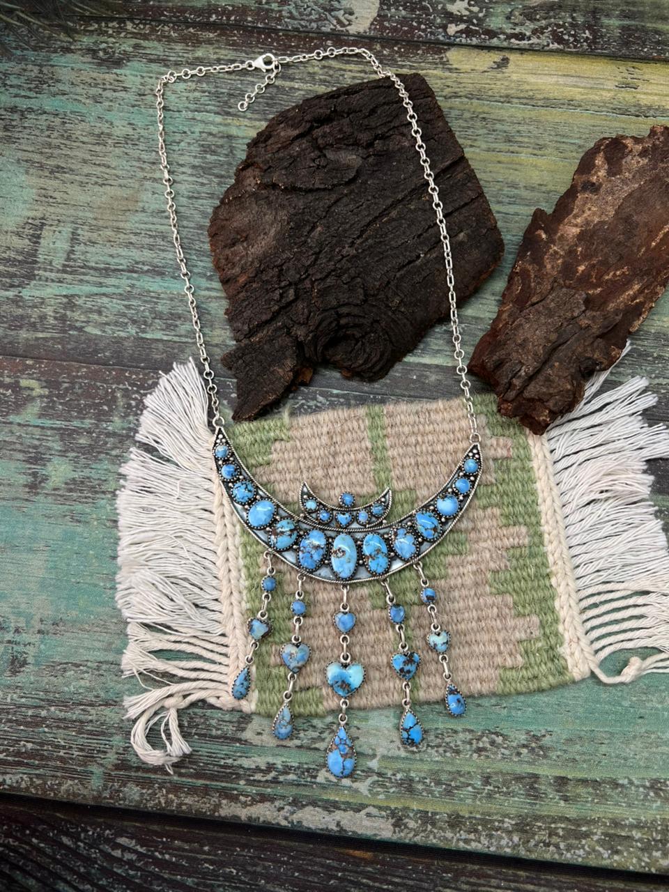 Handmade Sterling Silver Golden Hills Turquoise Choker Moon Necklace "Signed Nizhoni"