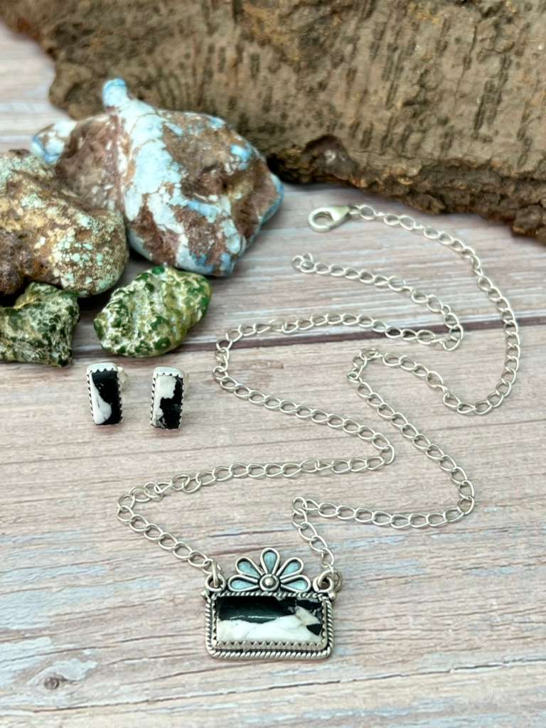 Handmade Sterling Silver White Buffalo Necklace Earrings Set with Signed Nizhoni