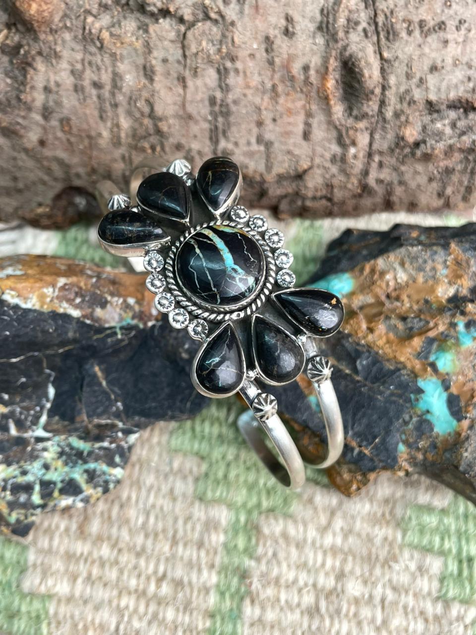 Handmade Sterling Silver Blackjack Turquoise Cuff Bracelet "Signed Nizhoni"