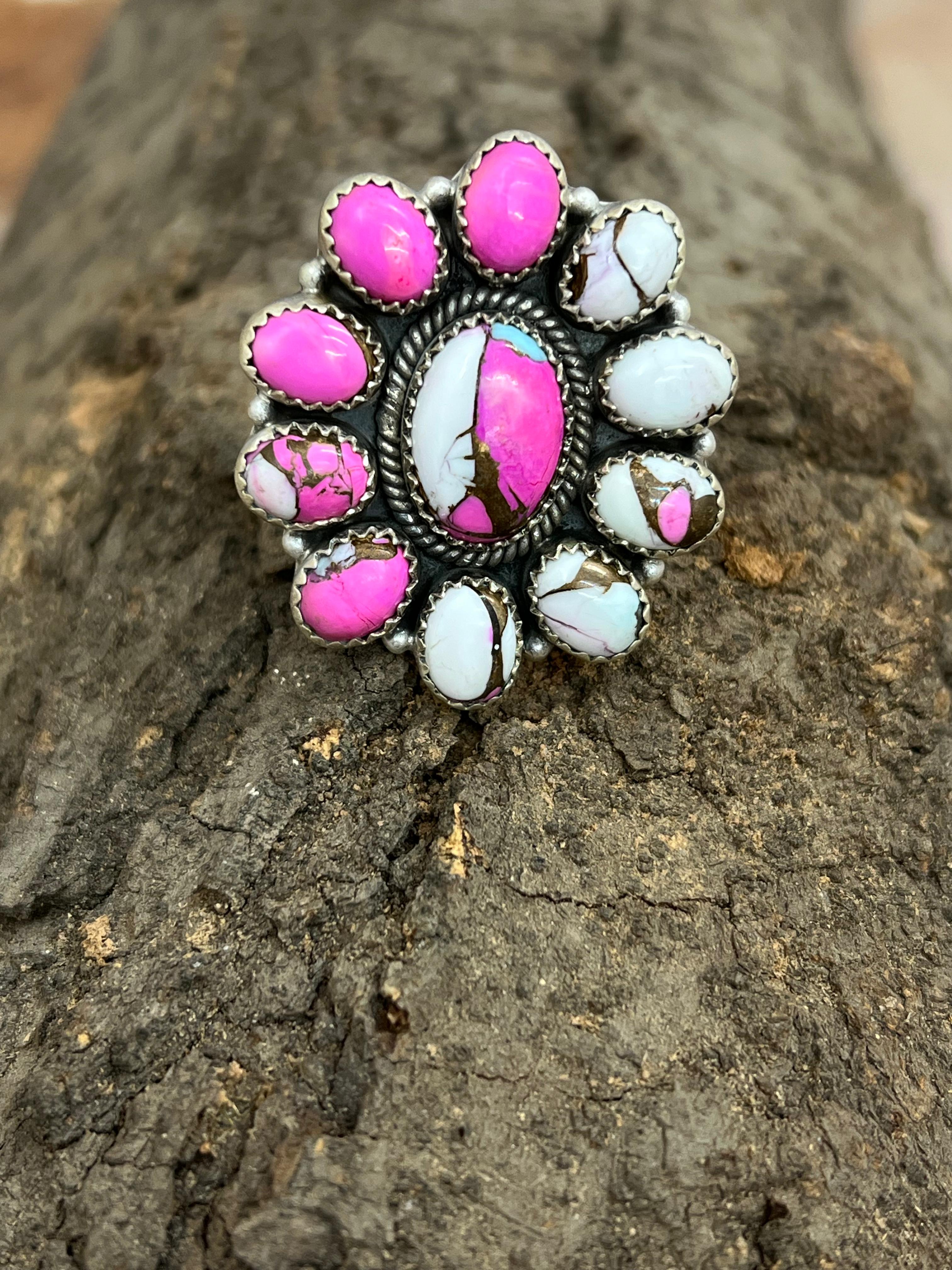 Handmade Sterling Silver Cotton Candy Turquoise Adjustable Rings with Signed Nizhoni