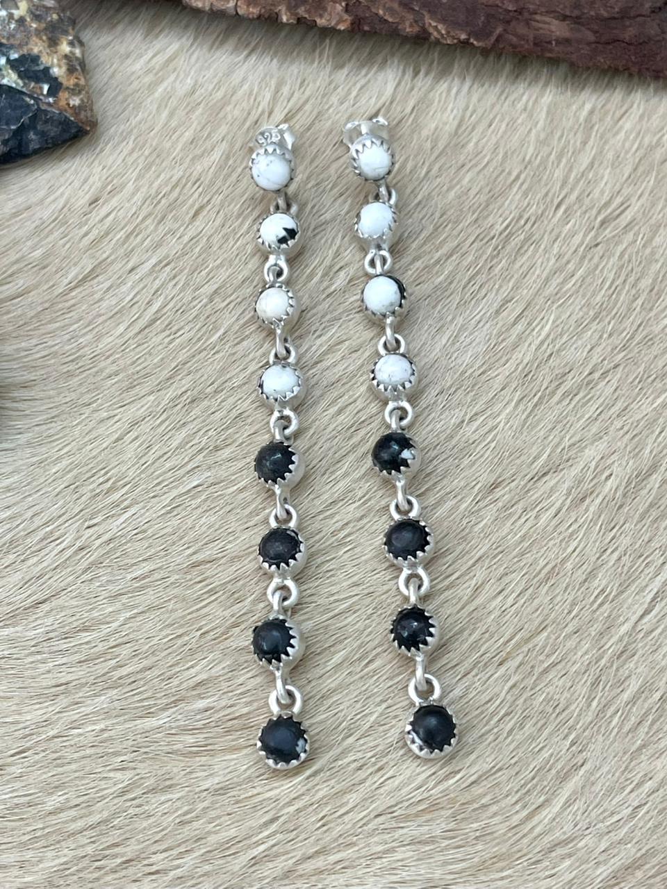 Handmade Sterling Silver White Buffalo Post Dangle Earrings "Signed Nizhoni" (4)