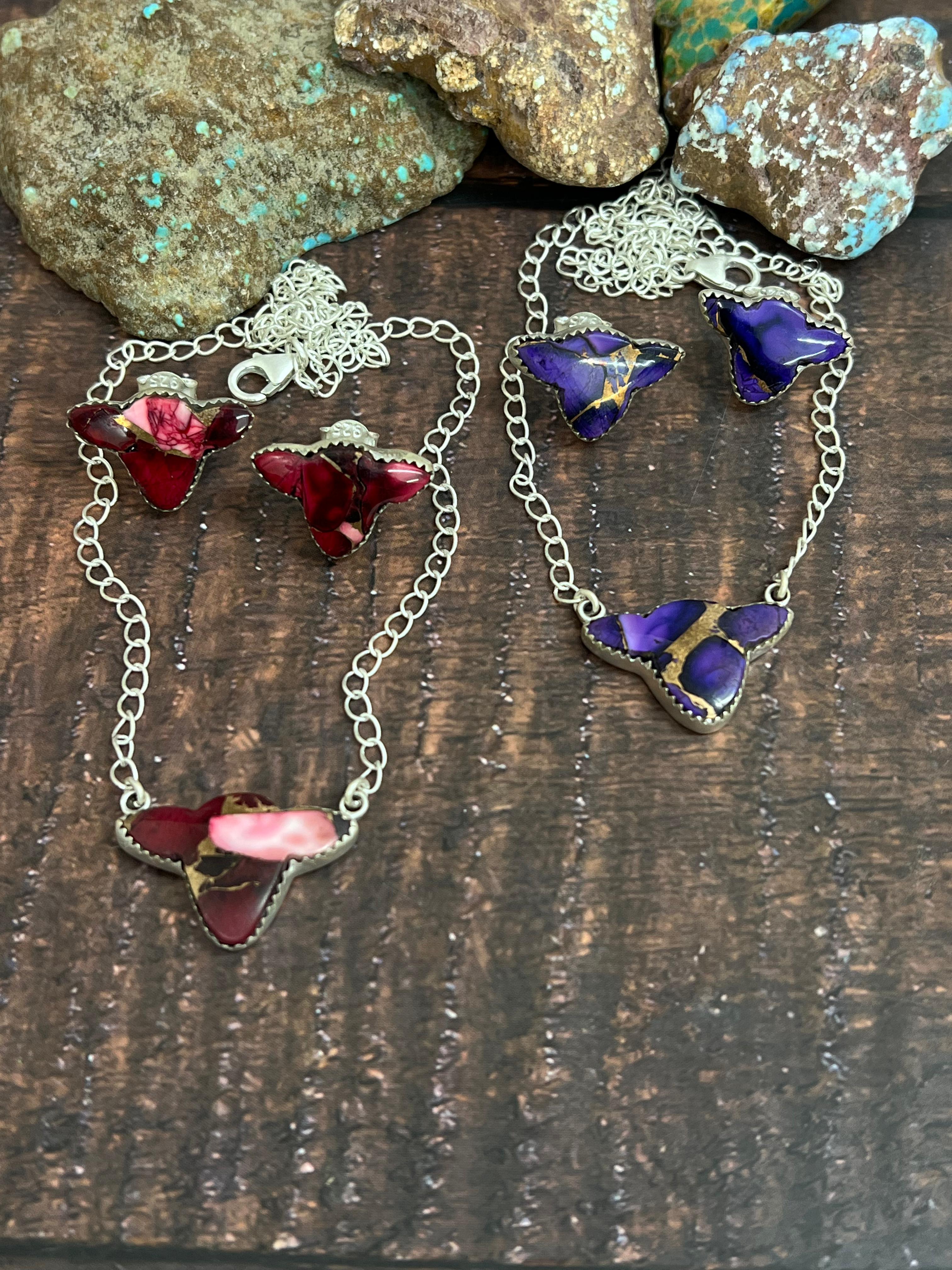 Handmade Sterling Silver Grape Dahlia, Dahlia Rose Bull Necklace Earrings Set with Signed Nizhoni