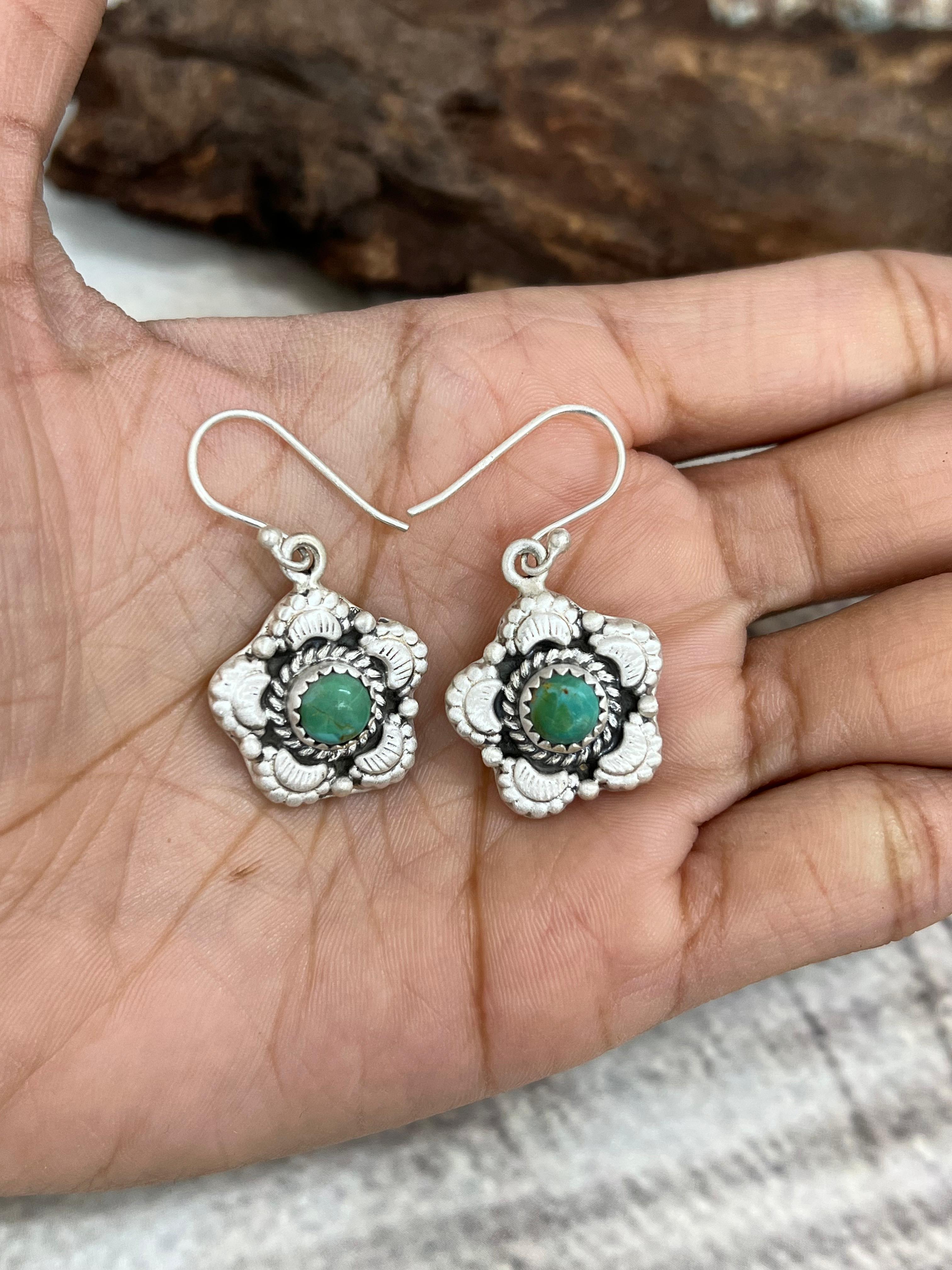 Handmade Sterling Silver Kingman Turquoise Hook Earrings with Signed Nizhoni