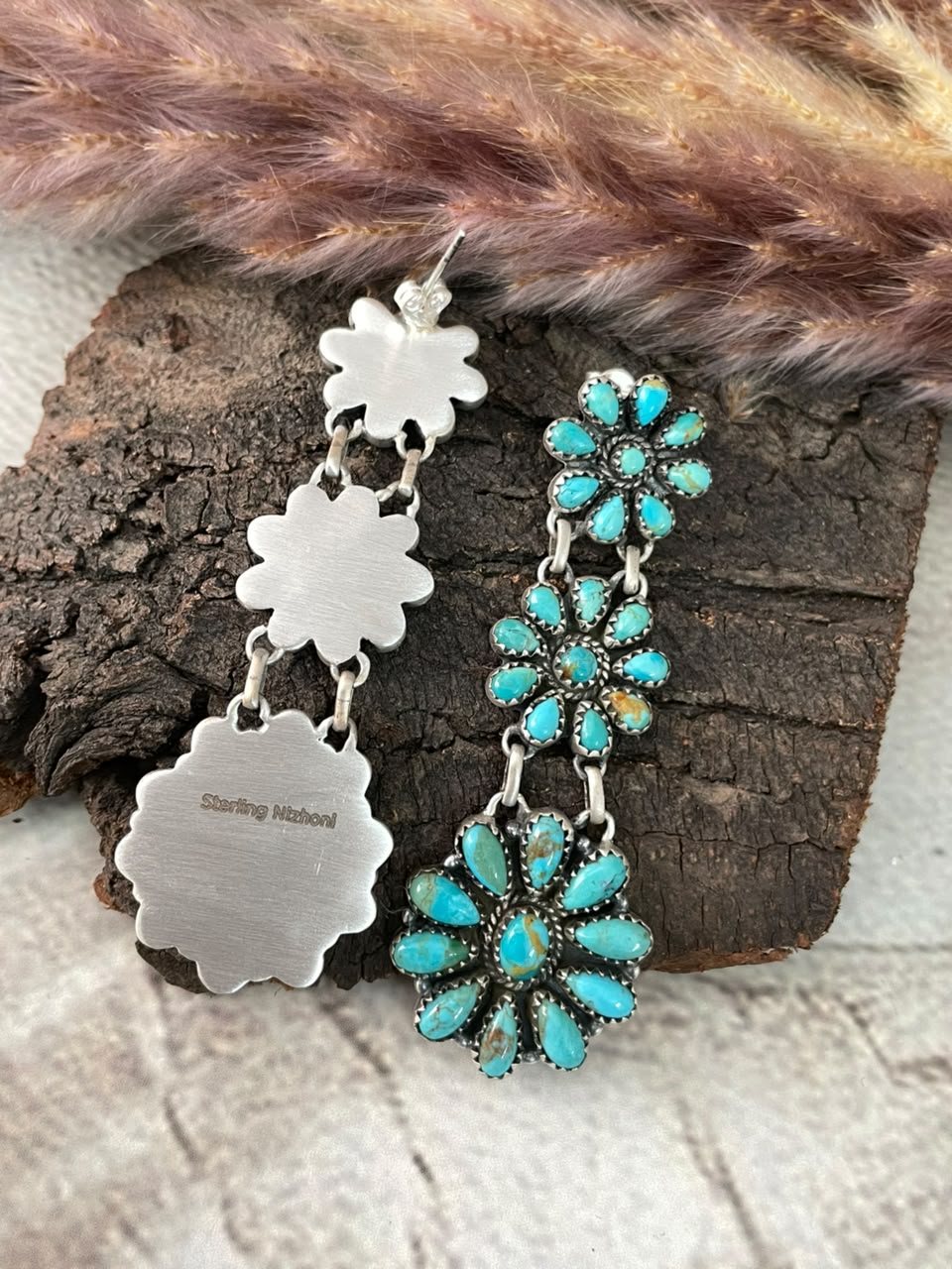 Handmade Sterling Silver Kingman Turquoise Post Dangle Earrings Signed Nizhoni