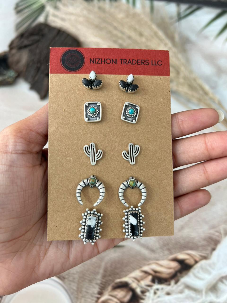 Handmade Sterling Silver Kingman Turquoise with White Buffalo Post Studs Earrings Card