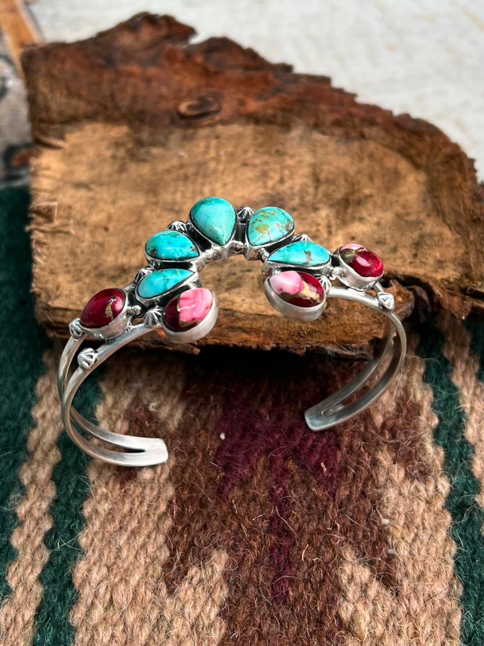 Handmade Sterling Silver Dahlia Rose with Emerald Valley Turquoise Cuff Bracelet "Signed Nizhoni"