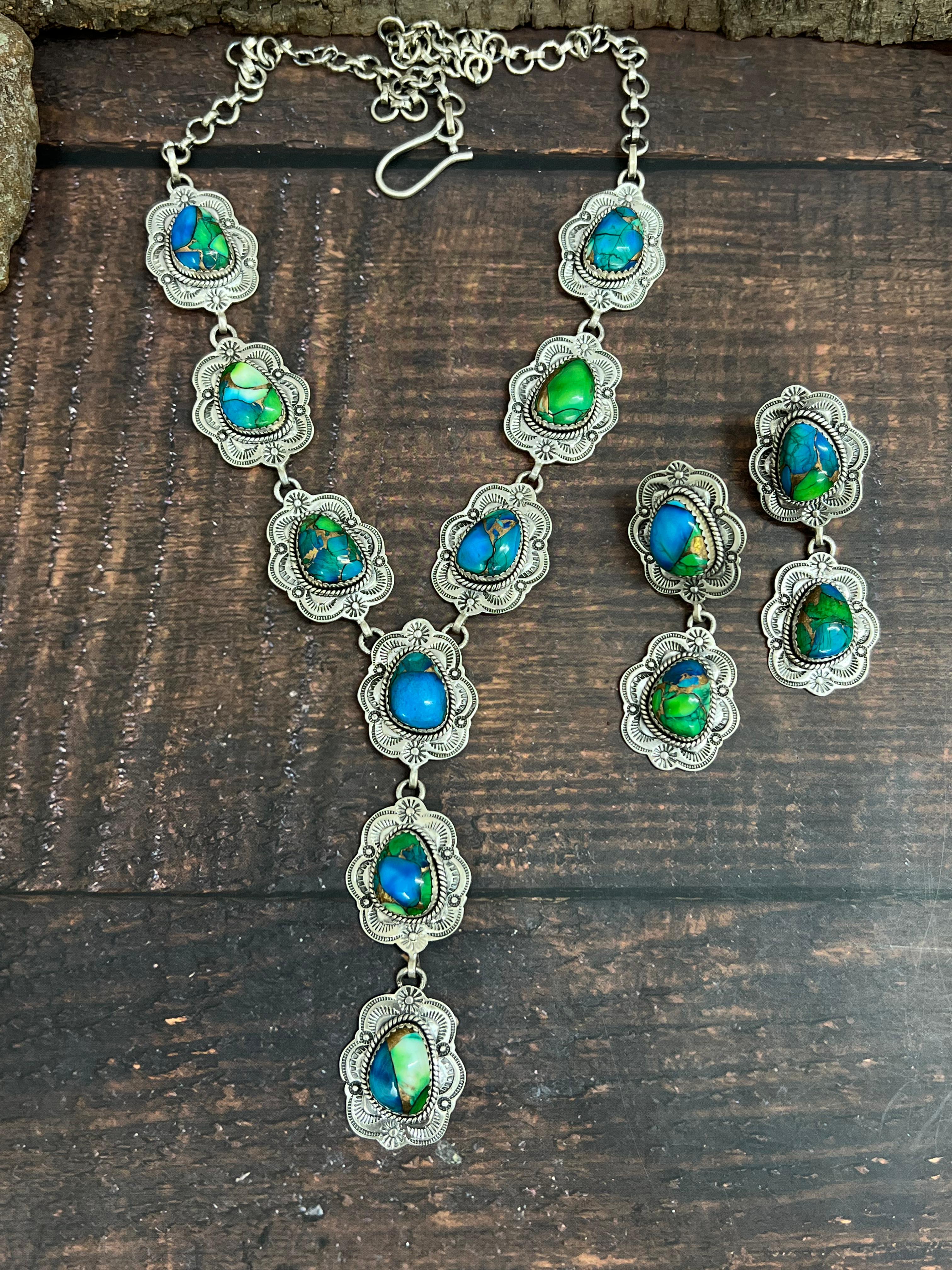 Handmade Sterling Silver Peacock Dahlia Necklace Earrings Set with Signed Nizhoni