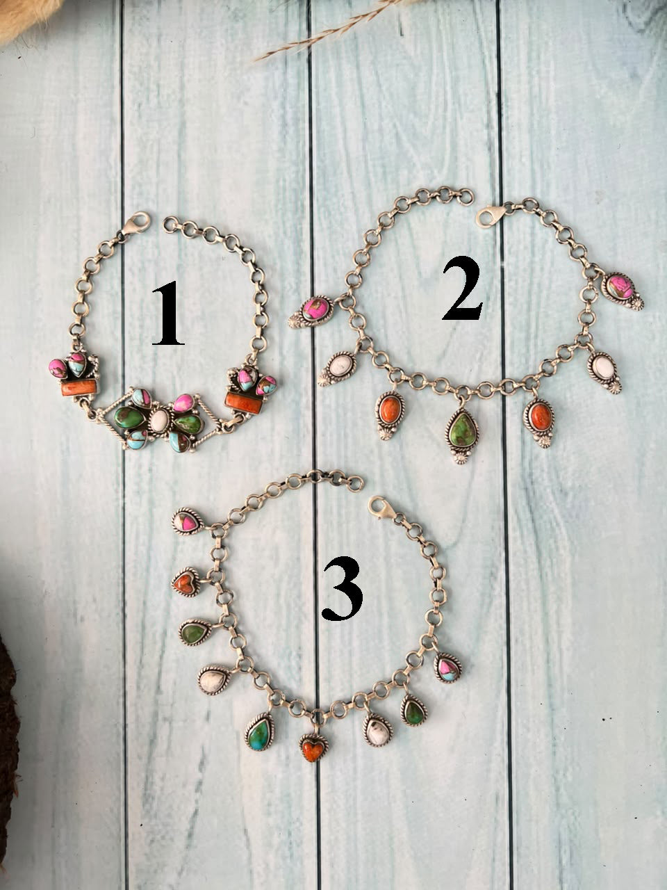 Handmade Sterling Silver Orange Mojave with White Buffalo, Sonoran Mountain and Cotton Candy Chain Bracelet Signed Nizhoni