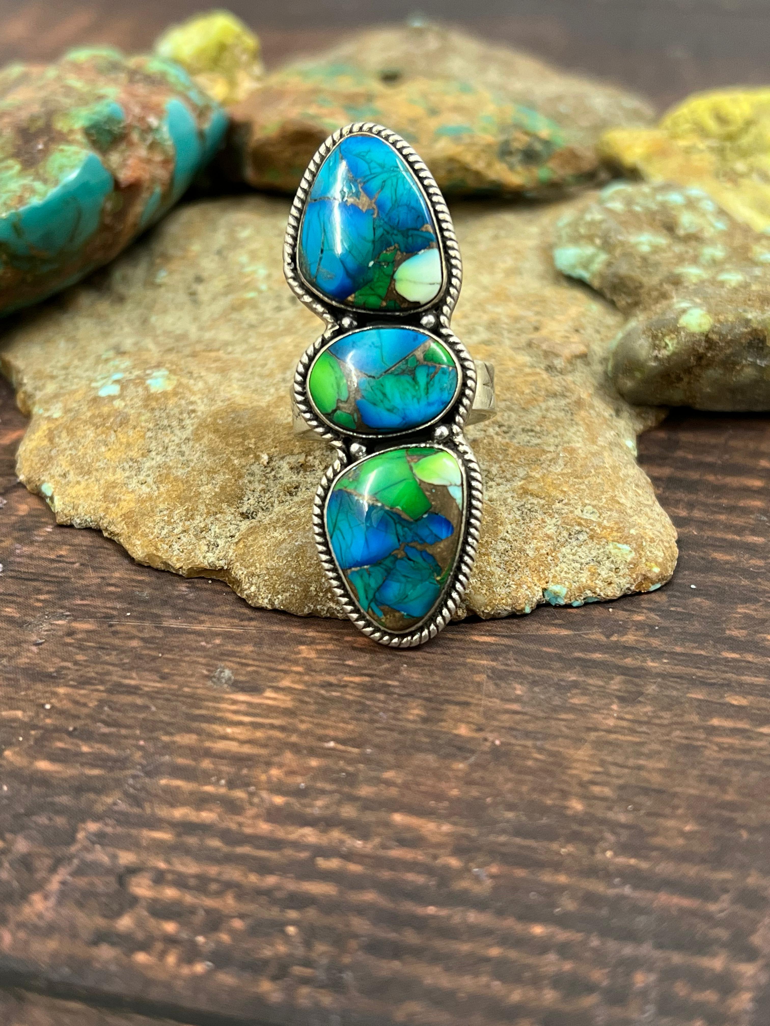 Handmade Sterling Silver Peacock Dahlia Adjustable Ring with Signed Nizhoni